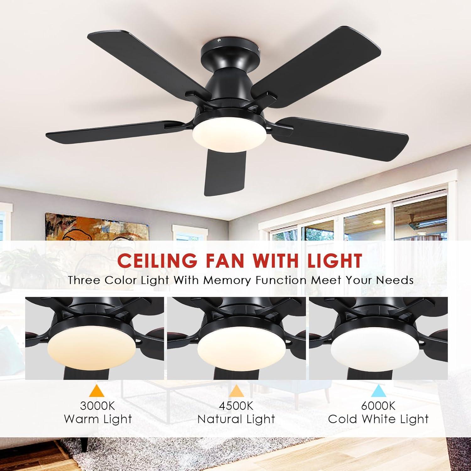 46" Low Profile Indoor Ceiling Fan with Light and Remote/APP Control, Flush Mount, LED Dimmable DC Reversible Modern Ceiling Fan for Bedroom - Black