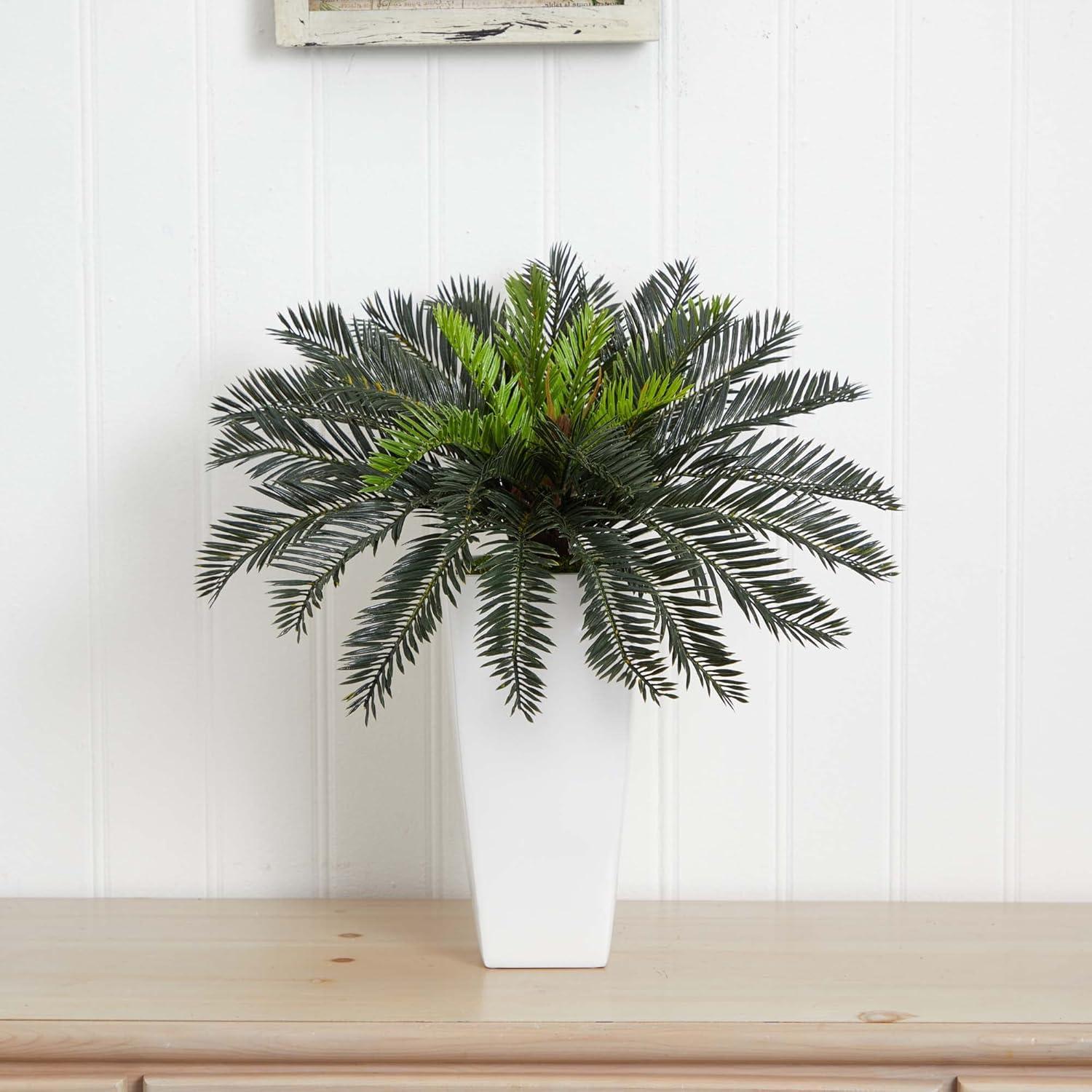 Nearly Natural 23-in Cycas in White Planter