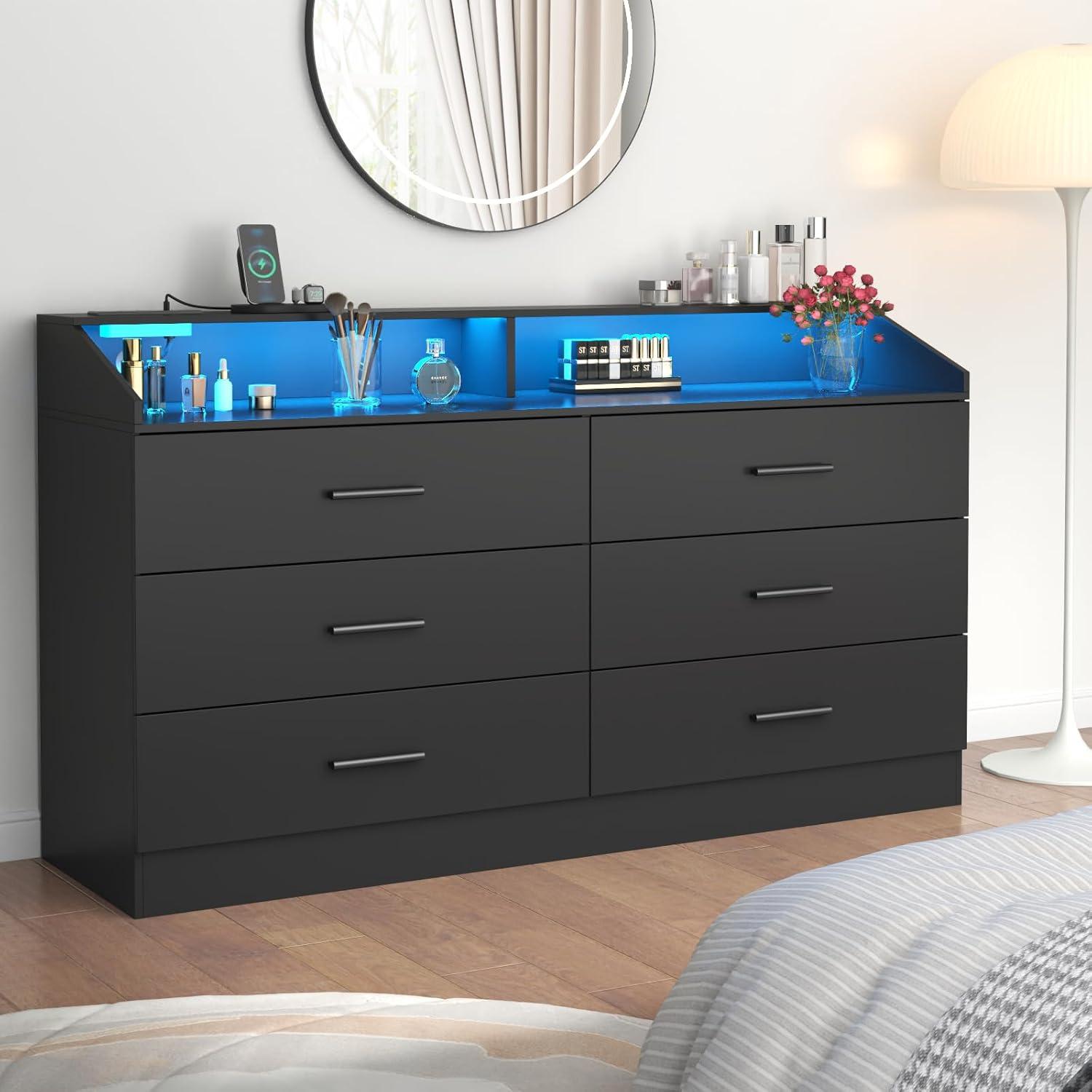 Gyfimoie 6 Drawers Dresser with Power Outlet, Chest of Drawers with LED Light, Modern Dresser with Open Storage Cubby, Double Wide Dresser Organizer for Bedroom, Living Room, Entryway, Hallway (Black)
