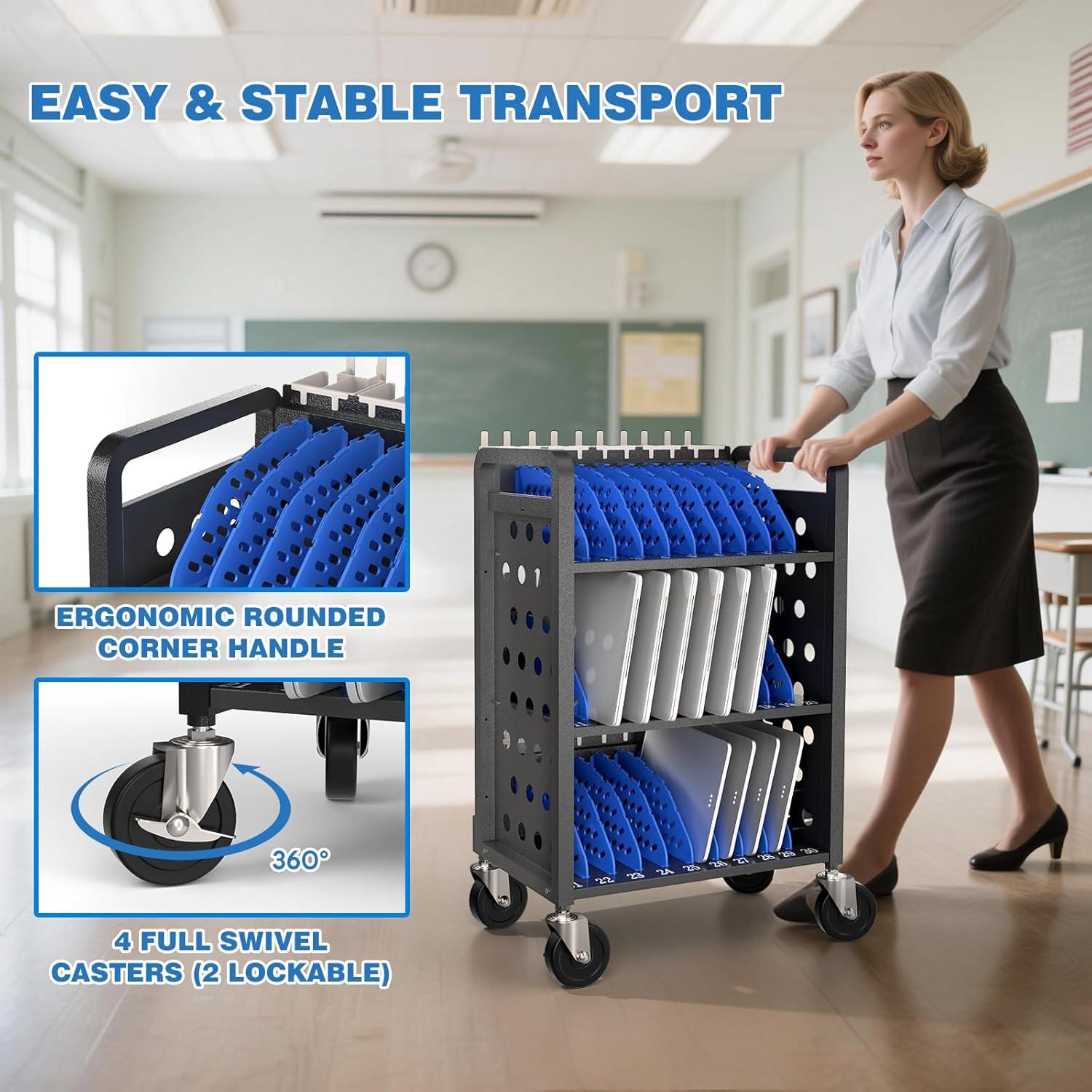 POCHAR 30-Device Chromebook Open Charging Cart, Charging Station Rack for 14" iPad, Laptop - Tablet Organizer Station for Classroom - Laptop Storage Cart with Cable and Charger Organization