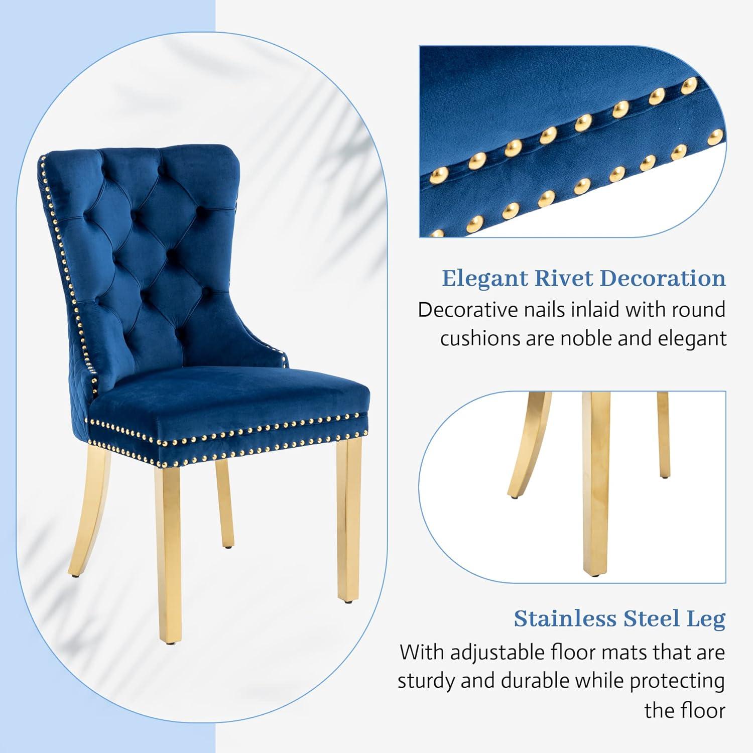 Velvet Upholstered Dining Chairs, Set of 2, Dining Room Tufted Chair, Modern Button Tufted Armless Chairs with Nailhead Trim and Back Ring Pull, Gold Legs, for Dining Room, Kitchen, Navy