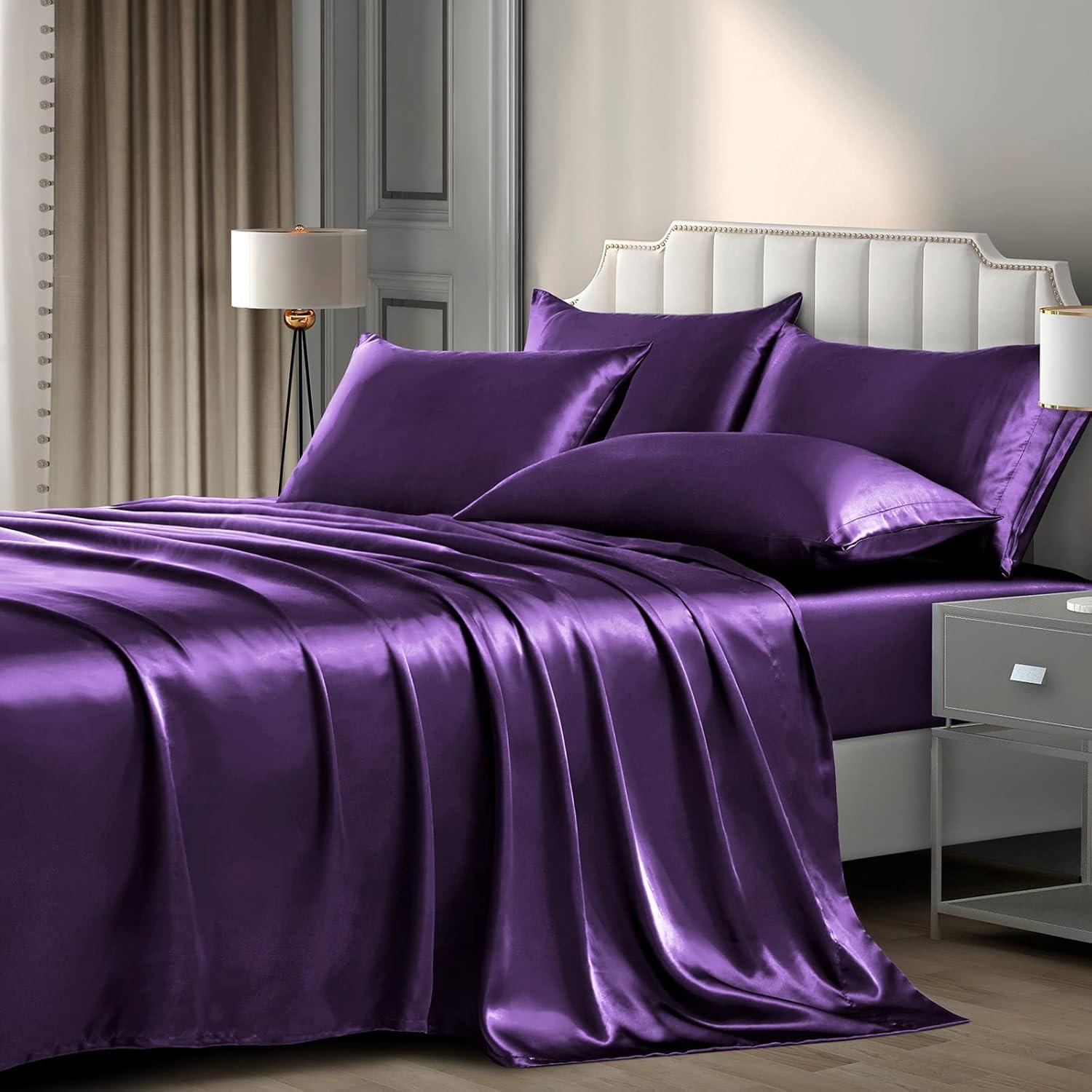 Hight Thread Count Solid Color Soft Silky Charmeuse Satin Luxury and Super Soft Bed Sheet Set (Purple, Queen)