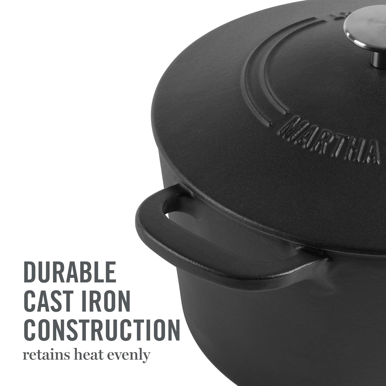 Martha Stewart Gatwick 7qt Enamel Cast Iron Dutch Oven Matte Black: Oven-Safe, Gas & Electric Compatible, 15" Diameter