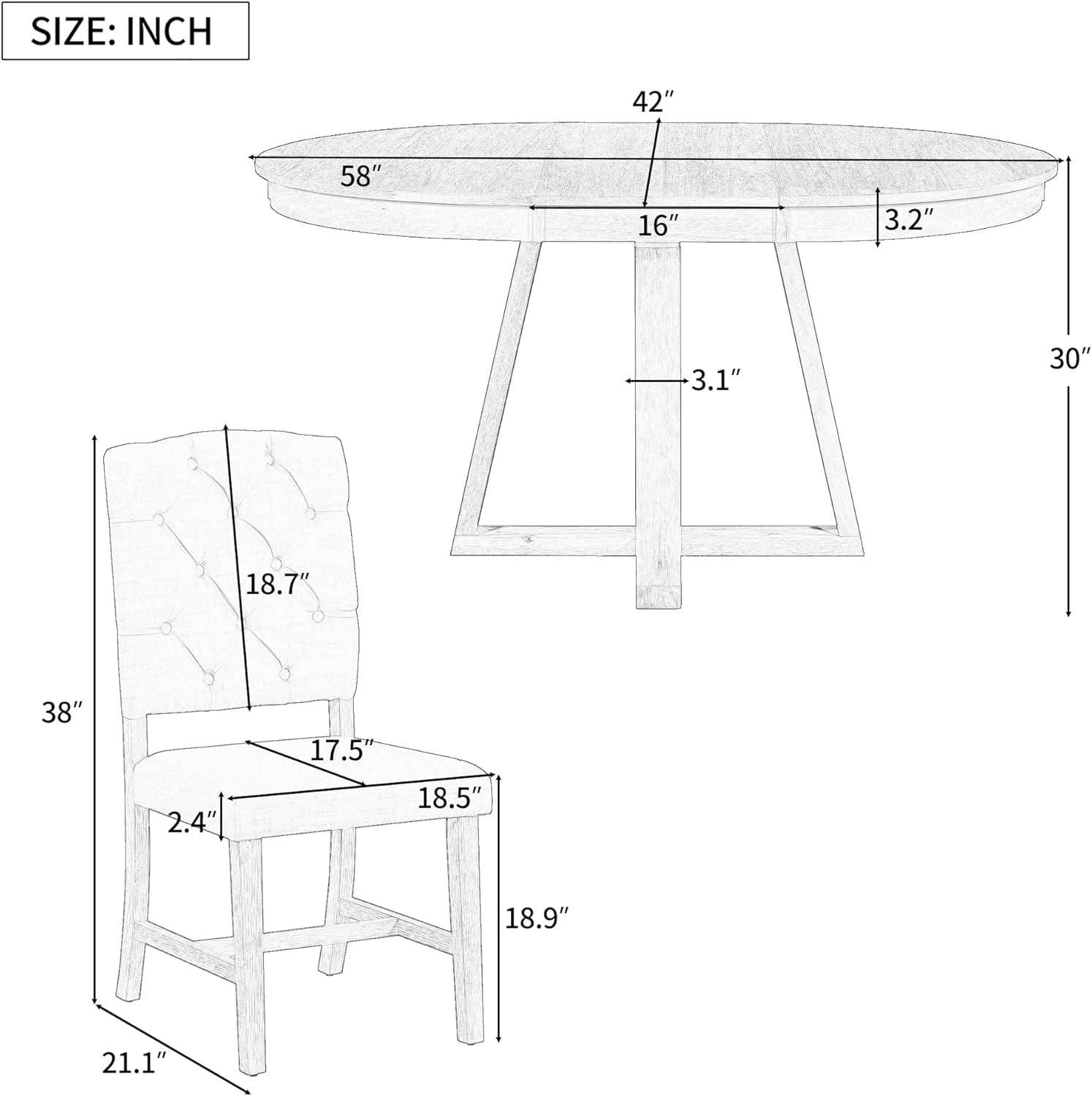 Besthome 5-Piece Retro Functional Dining Set, Round Table with a 16"W Leaf and 4 Upholstered Chairs for Dining Room and Living Room (Walnut)