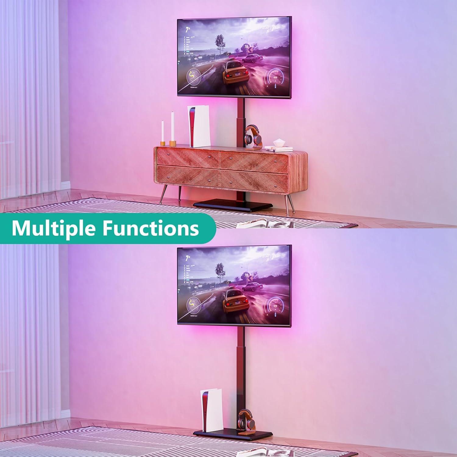 Black Swivel Floor TV Stand with LED Lights for 32-75 Inch Screens