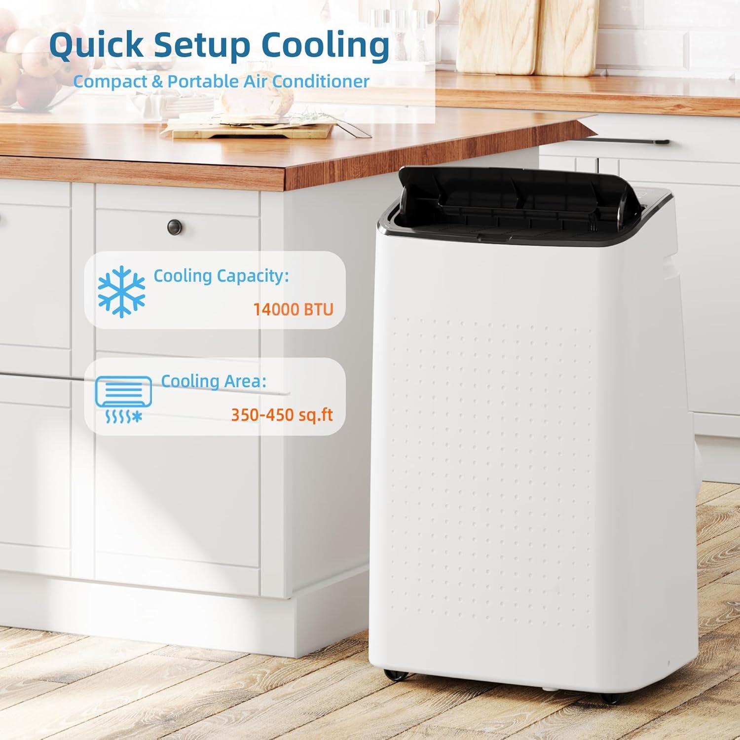 Portable Air Conditioner 14000 BTU 3 in 1 with Remote Cool & Dual Motors & Auto Swing, Dehumidifier & Fan Modes for Home Up To 750 Sq.Ft