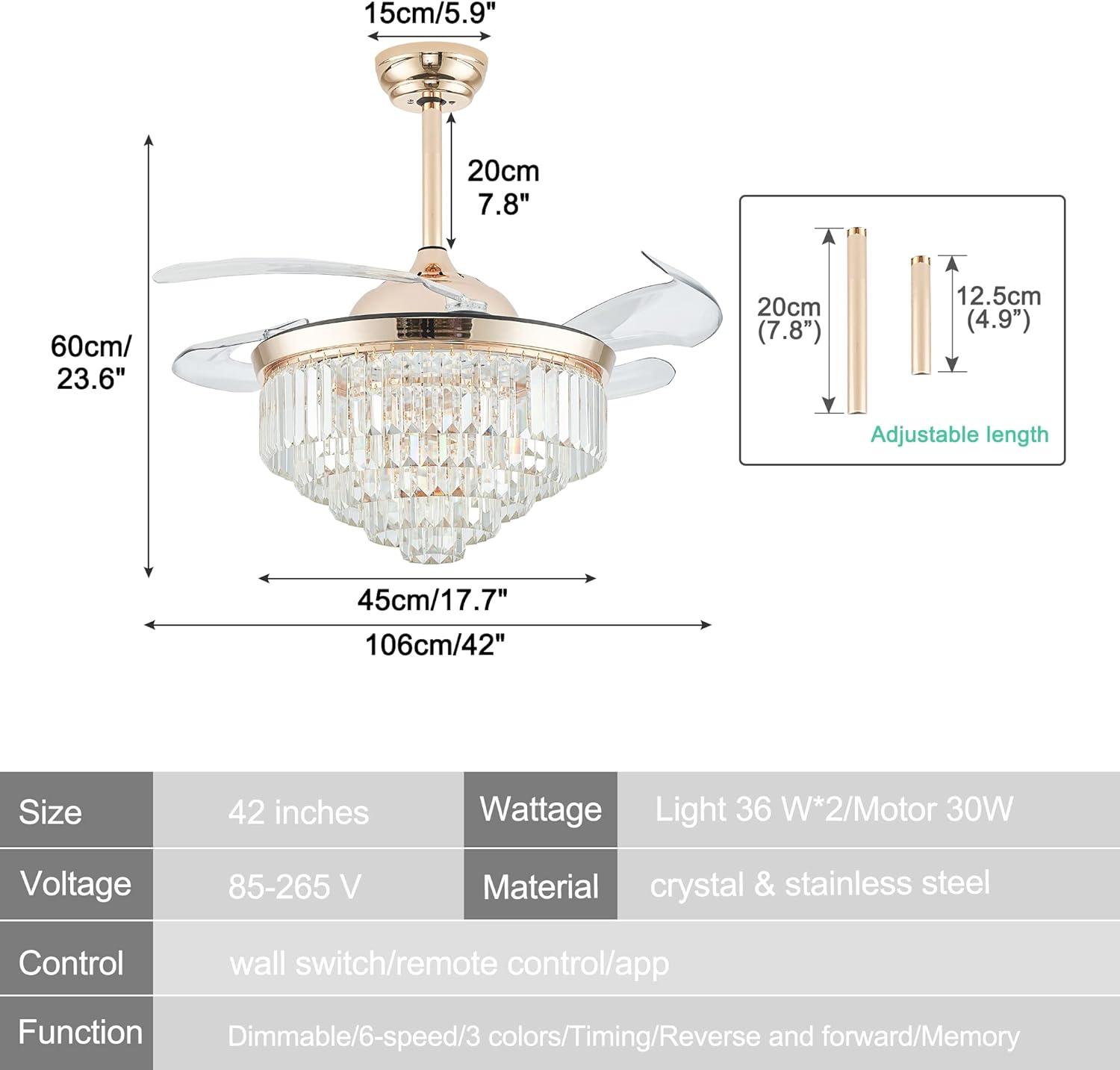 HOOMEDELIER 42" Chandelier Ceiling Fan with Remote, Crystal Beads Framed Fan with 4 Retractable Blades Smart Indoor Fandelier Fan