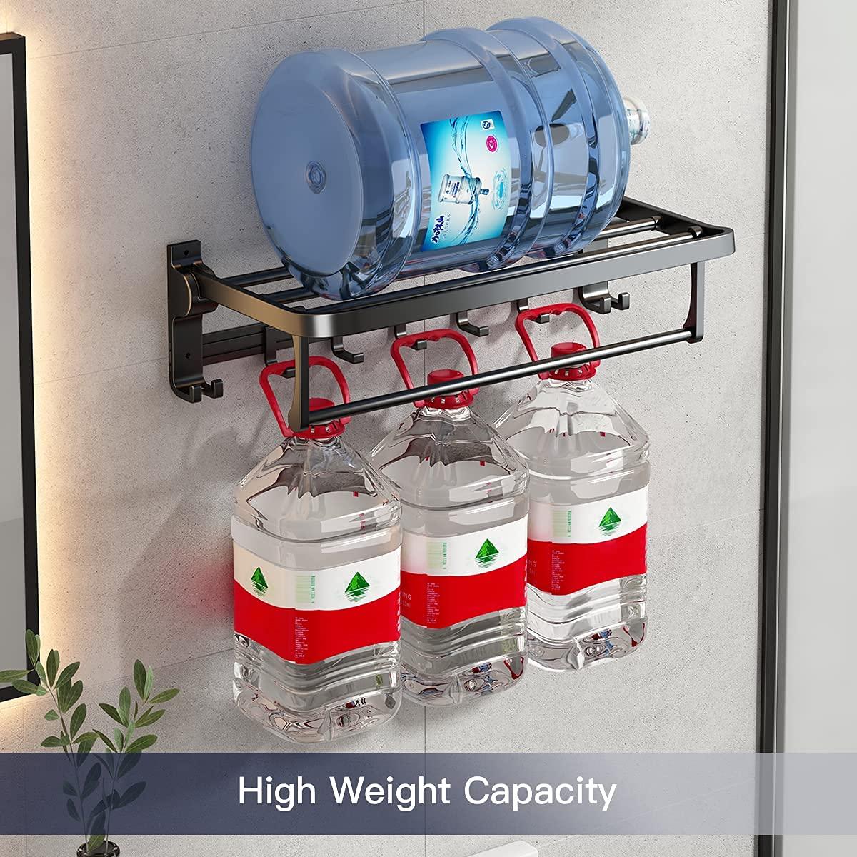 VOLDRA Towel Racks for Bathroom, 24-Inch Towel Shelf with Towel Bar Foldable Towel Holder with 7 Hooks Towel Storage Organizer for Bathroom & Lavatory Wall Mounted(Matte Black)