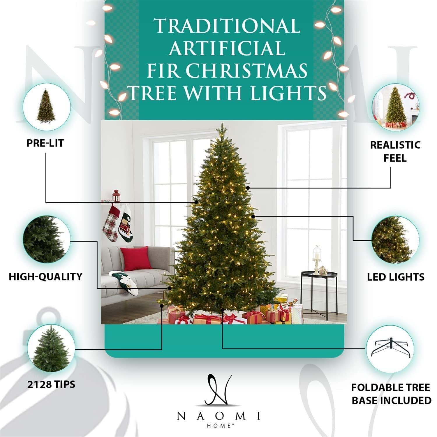 Naomi Home Traditional Artificial Pine Fir Christmas Tree with Lights-Base:Included,Color:Green,Size:6.5 ft
