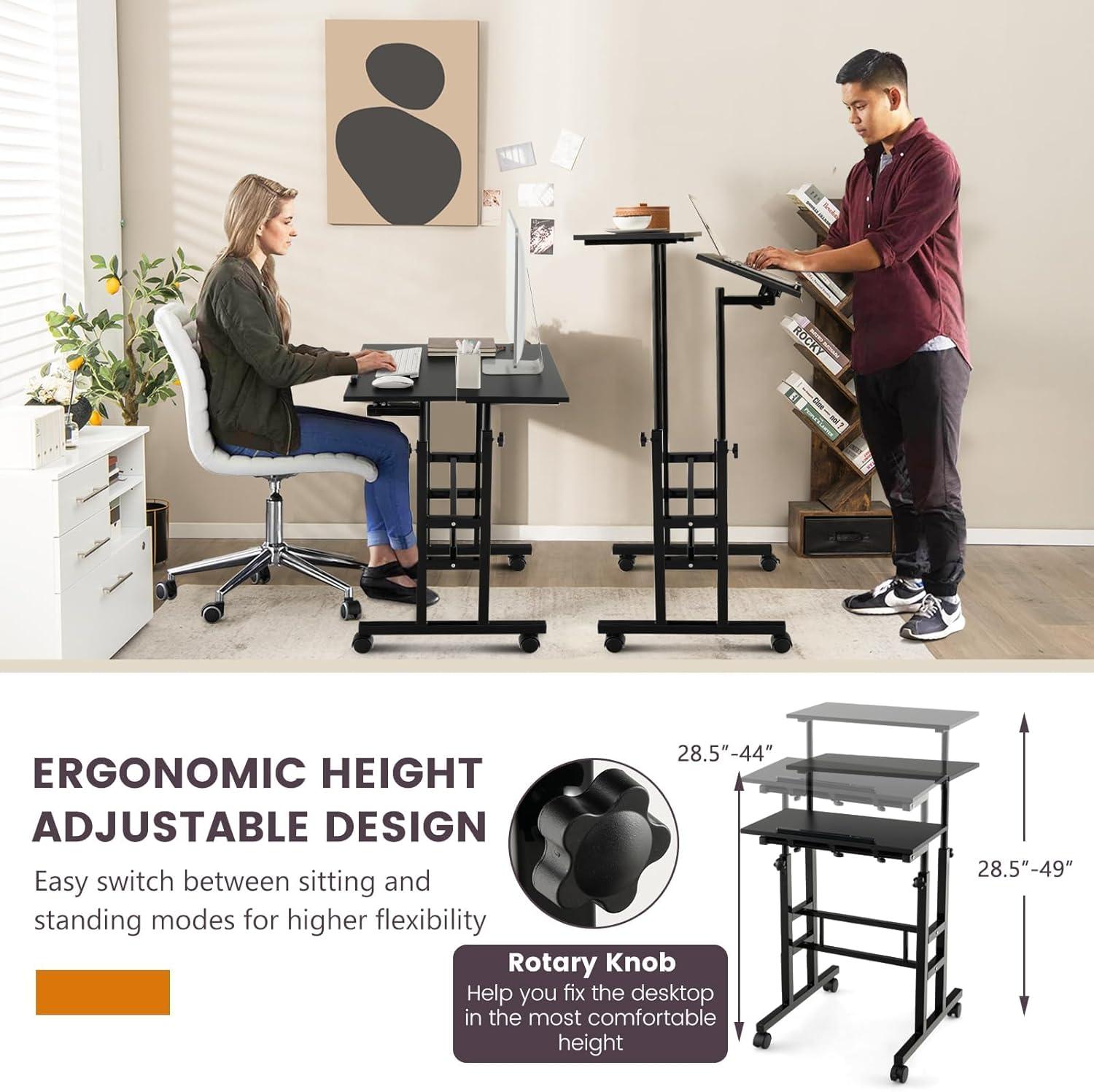 Costway Mobile Standing Desk Rolling Adjustable Laptop Cart Home Office Walnut/Natural/White