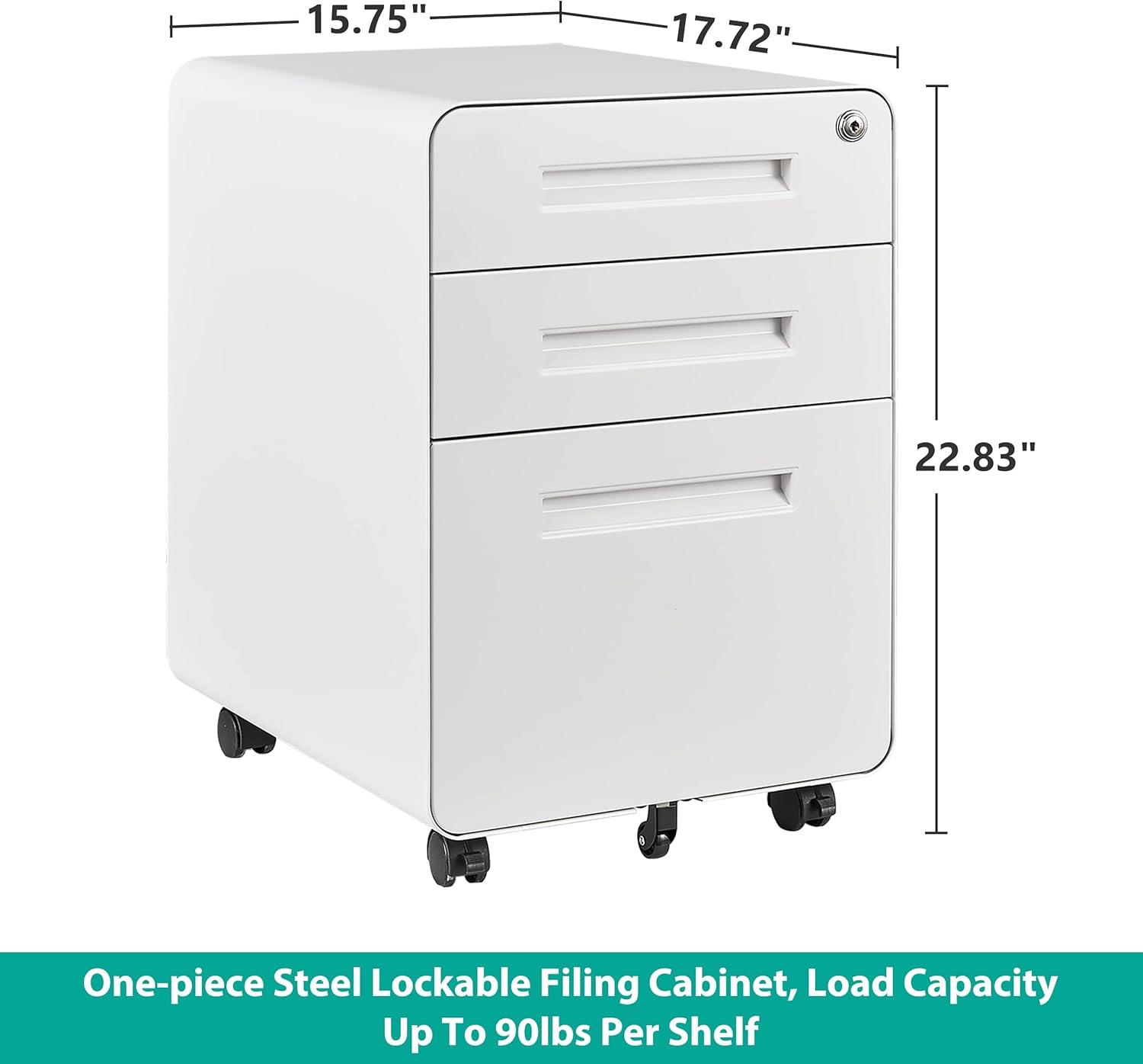 3 Drawer File Cabinet with Lock,Under Desk File Cabinet,White Rolling File Cabinet,Three Drawer Filing Cabinet for Home Office with Wheels,Fit A4/Letter/Legal File,Fully Assembled Except Casters