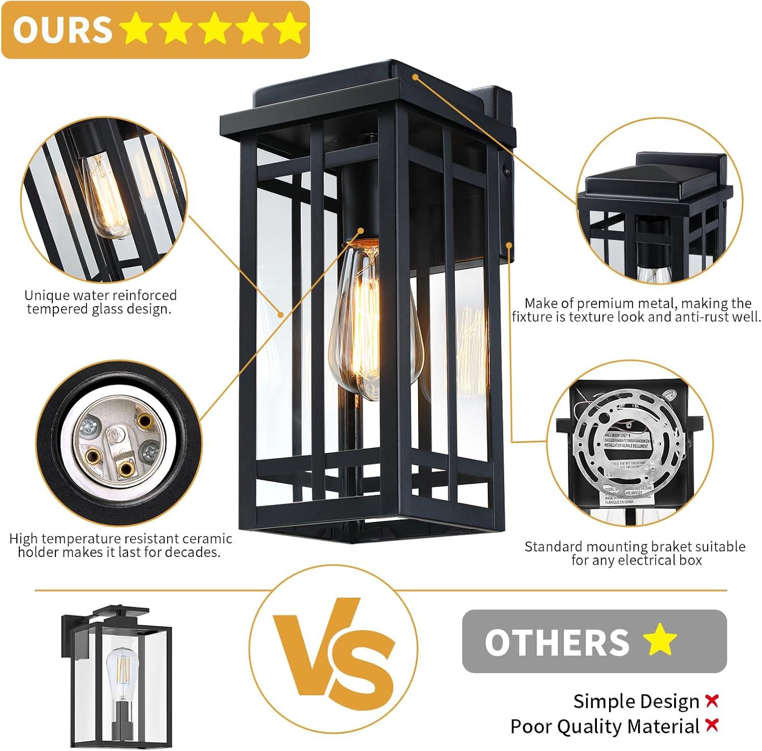 Black Modern Outdoor Wall Lanterns with Tempered Glass Shade, 9.76''