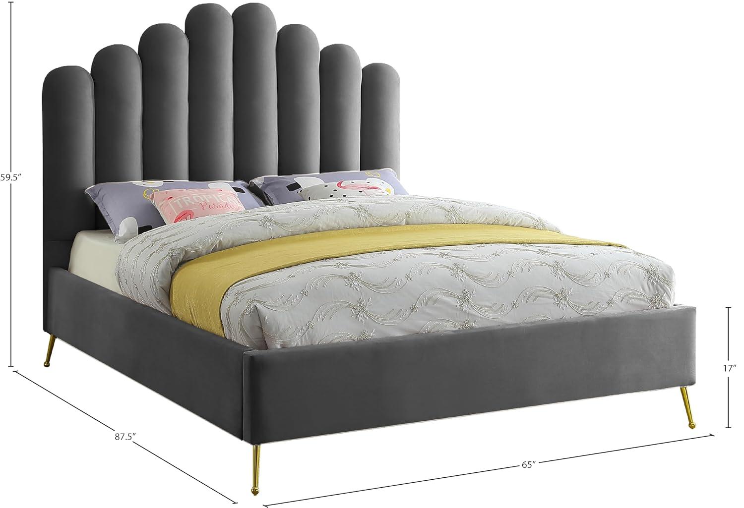 Meridian Furniture Contemporary Velvet Upholstered Platform Bed with Sturdy Gold Steel Legs and Deep Channel Tufted Headboard