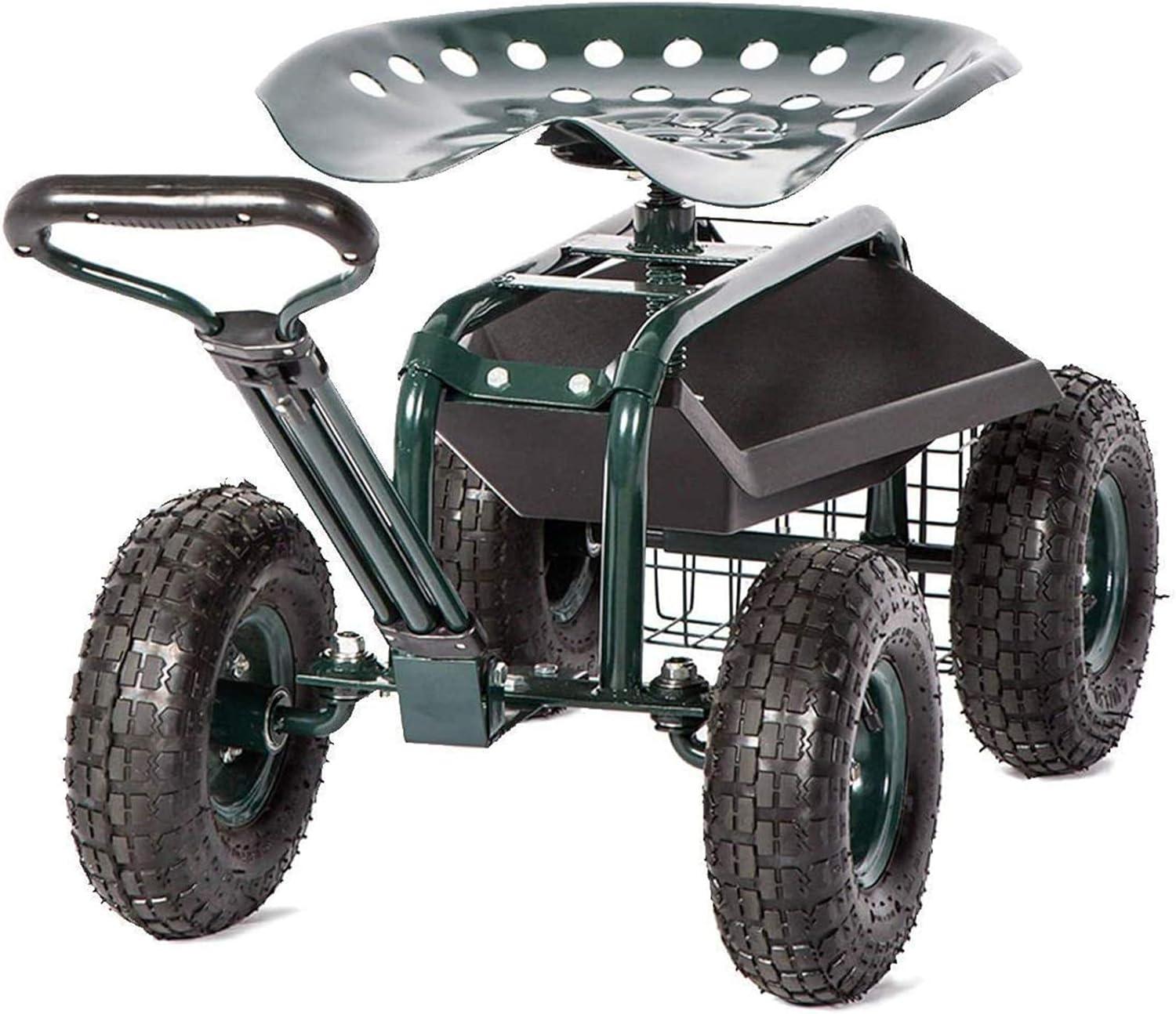 Green Heavy-Duty Steel Rolling Garden Cart with Tool Tray