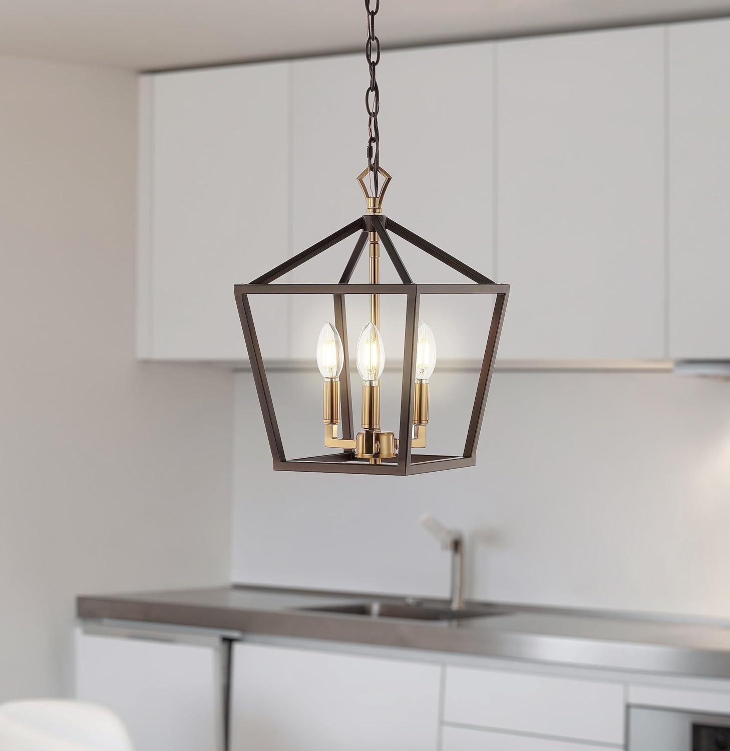 Ojai 10" 3-Light Iron Classic Modern Lantern LED Pendant, Oil Rubbed Bronze/Brass Gold