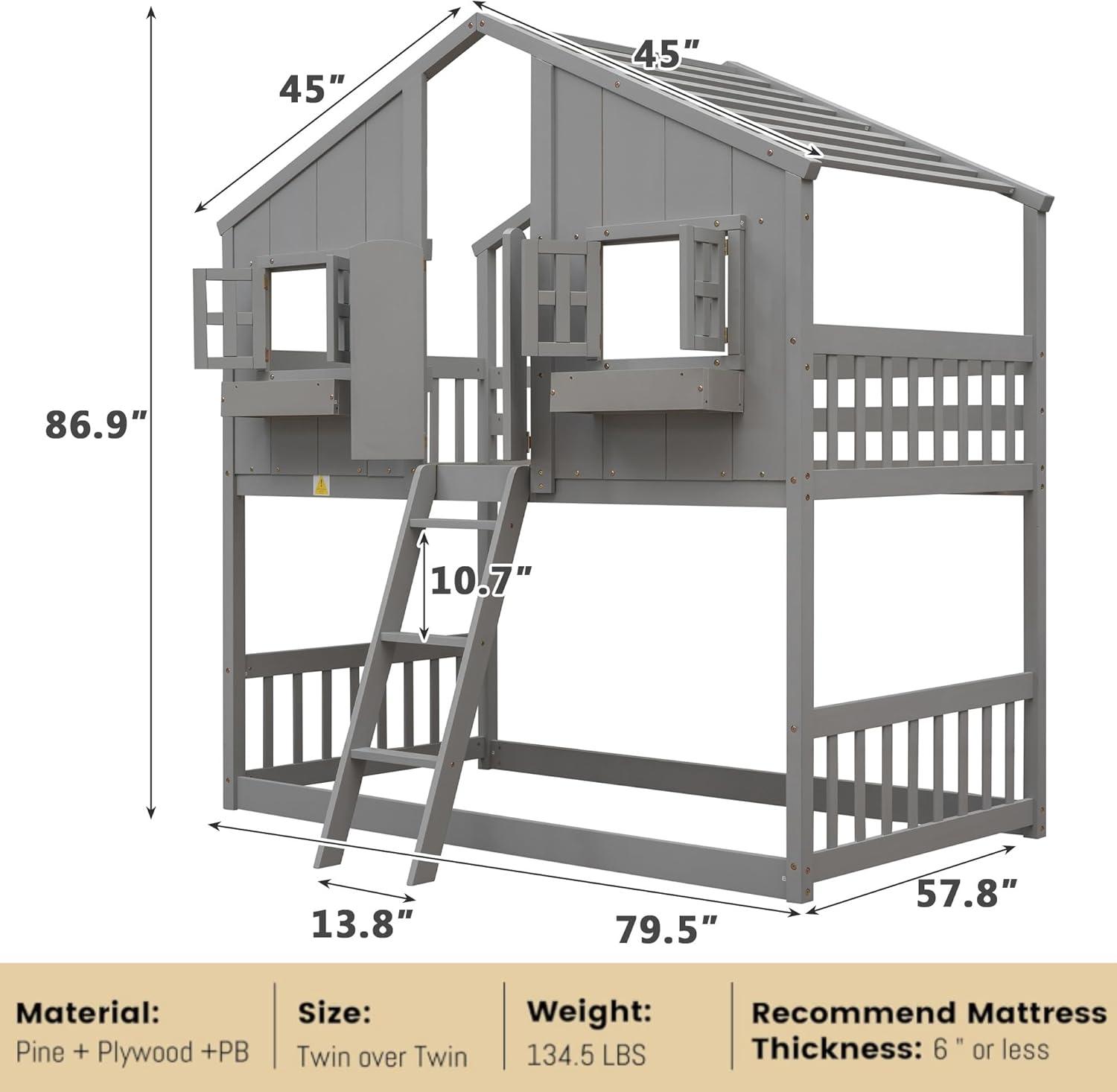 Harper & Bright Designs House Bunk Bed Twin Over Twin Kids Bunk Bed Wood Frame with Roof, Window, Window Box, Door, Safety Guardrails and Ladder, for Girls Boys (Twin Size, White)