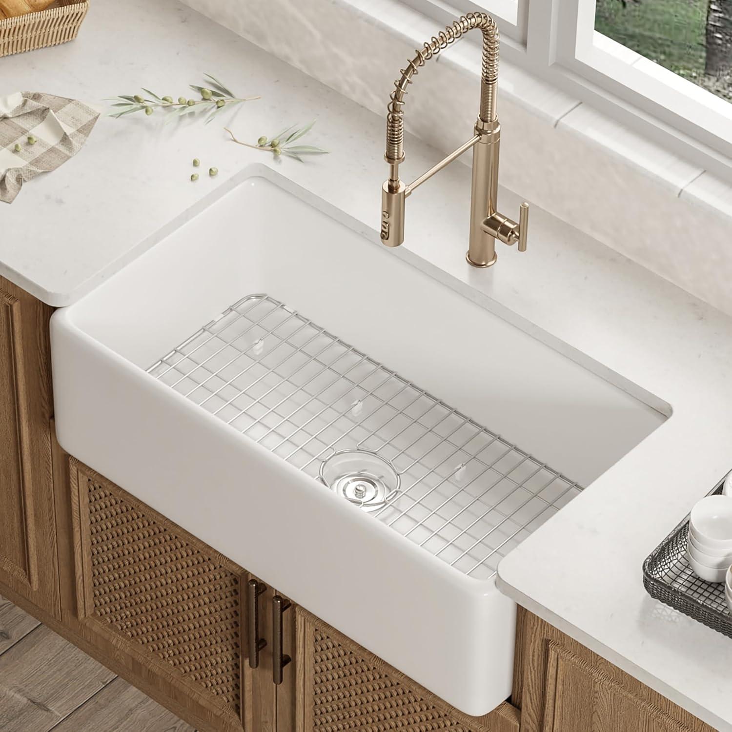 Grove 30" L X 18" W Rectangular White Single Basin Fireclay Farmhouse / Apron Kitchen Sink with Grid and Strainer