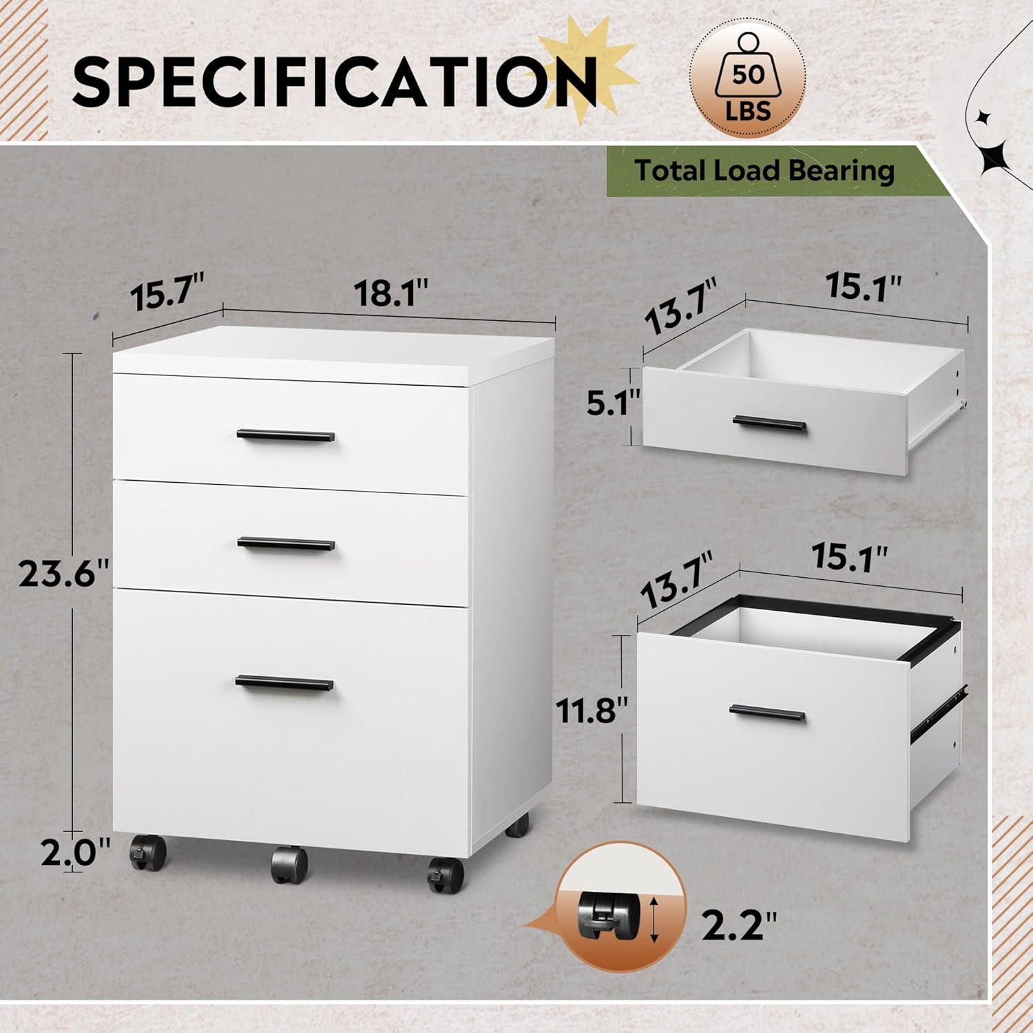 3 Drawer File Cabinet For Home Office, Wood Under Desk Filing Cabinet, Rolling Printer Stand