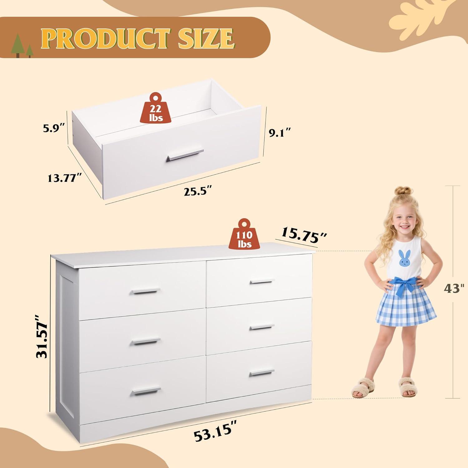 Miekor 6 Drawer Double Dresser for Bedroom, Wide Storage Cabinet for Living Room Home Entryway, White G6054