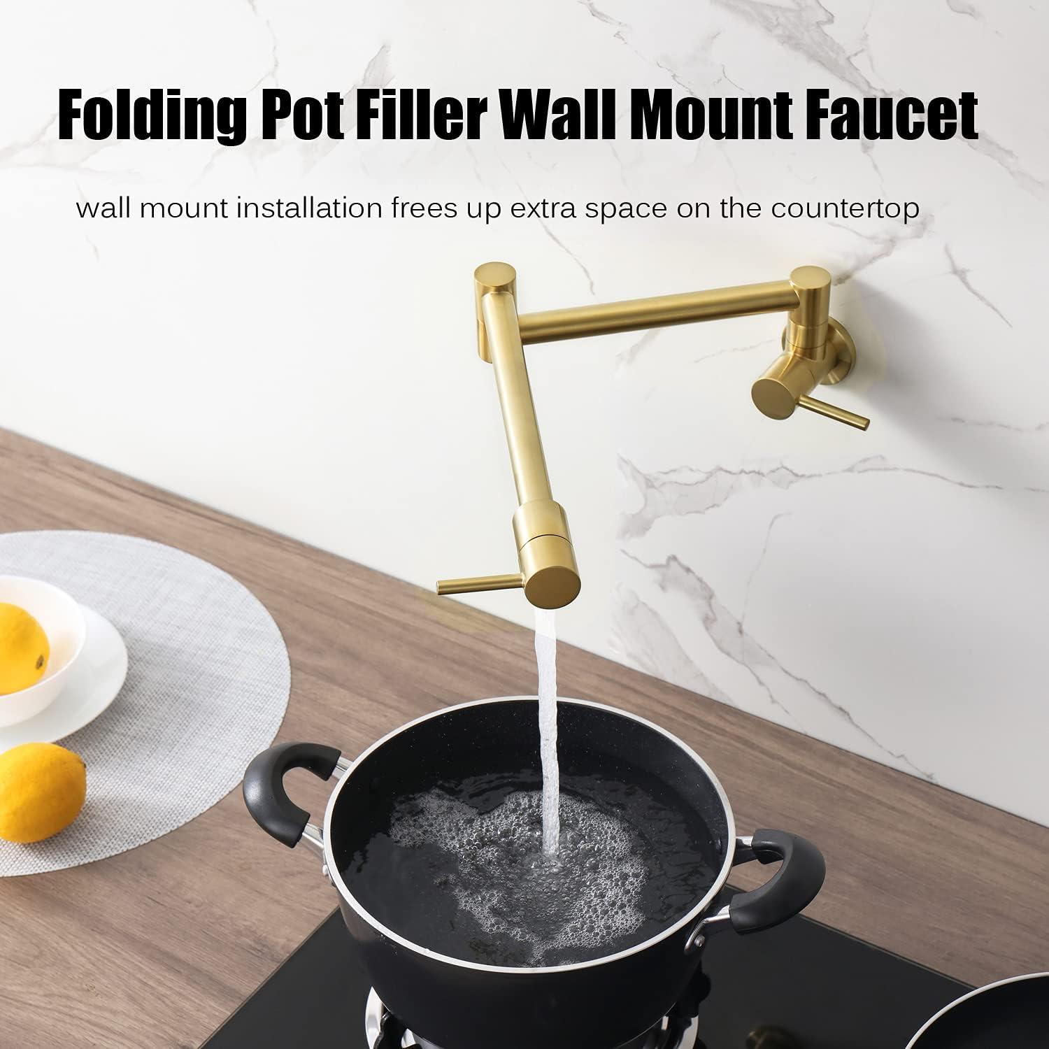 Pot Filler Folding Faucets,Wall Mount Pot Filler Kitchen Faucet Solid Brass,Swing Arm Folding Brushed Gold Modern Kitchen Sink Faucet Folding Stretchable with Single Hole Two Handles