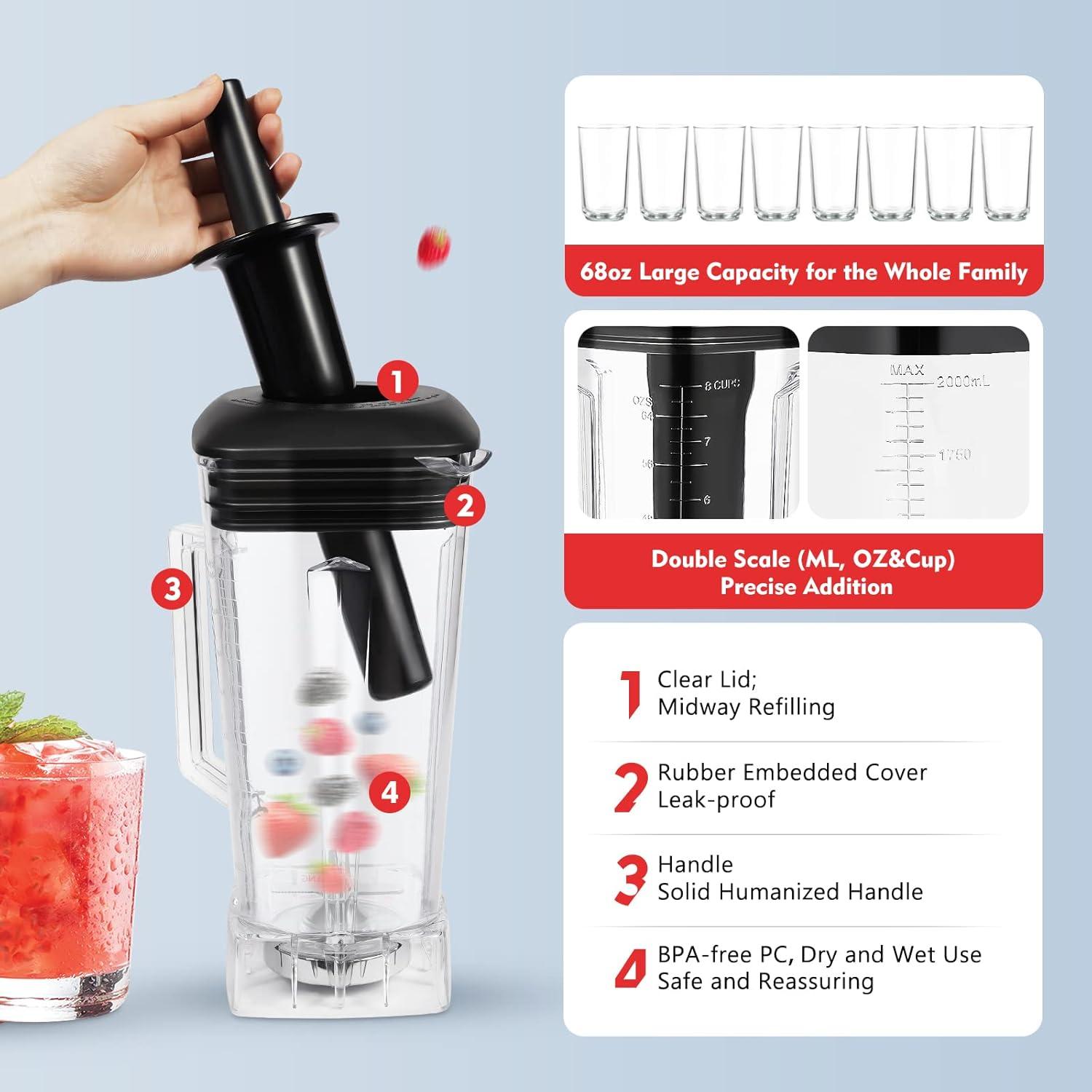3HP Heavy Duty Professional Power Blender, 2L High Power Commercial Blender Mixer Juicer Smoothie Maker, 2200W Red Blender for Kitchen