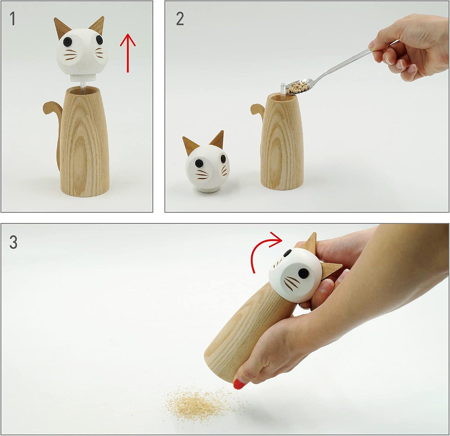 Cat-Shaped Wooden Salt and Pepper Mill Grinder