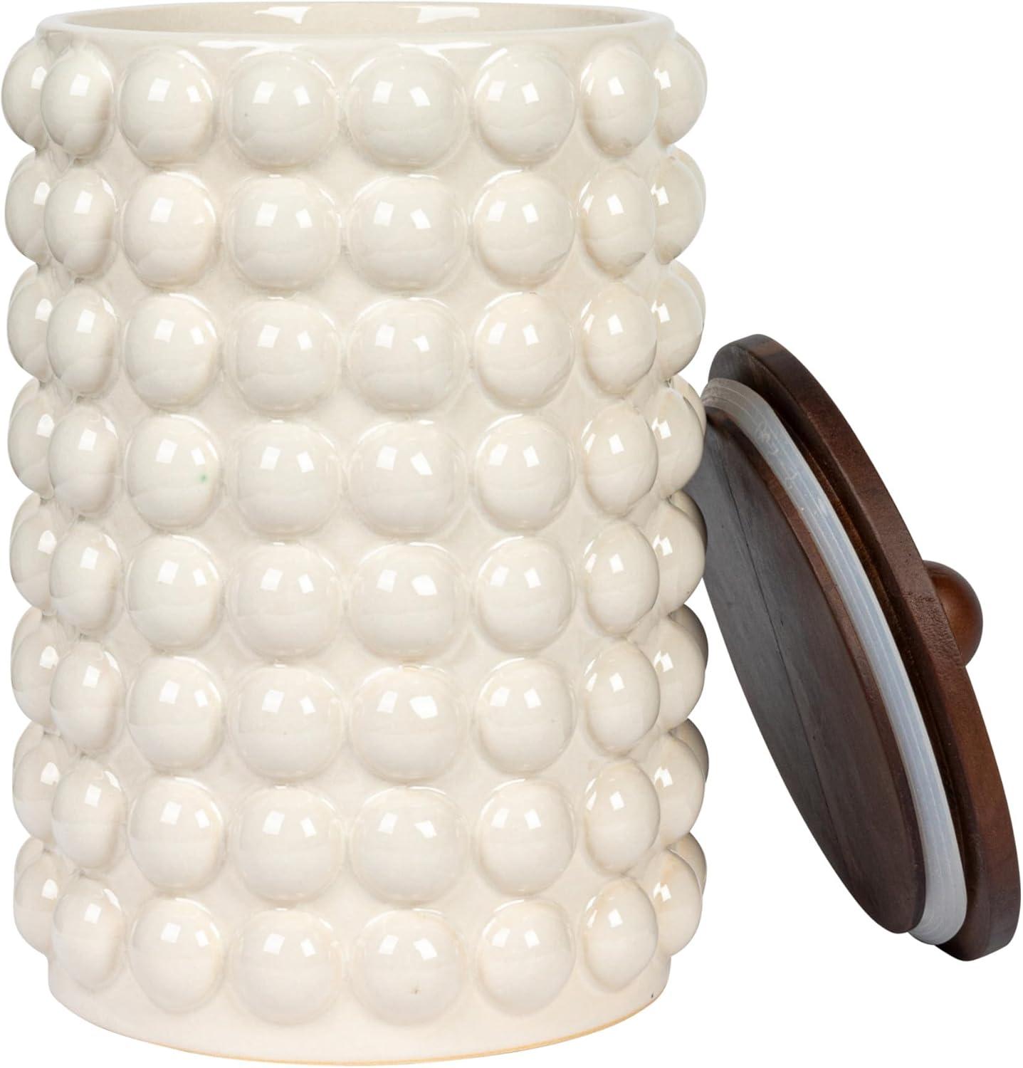 White Ceramic Canister with Acacia Wood Lid, 10.63"