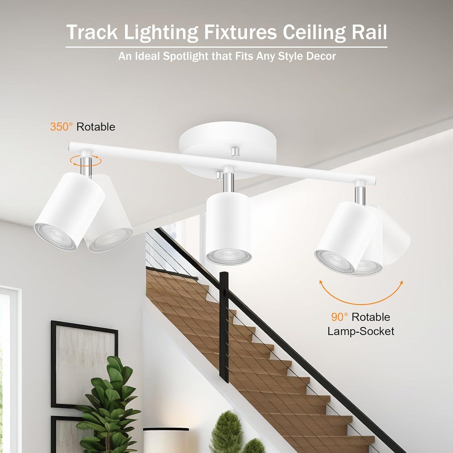 LED 3 Light Track Lighting Kit, LED Track Lighting Fixtures, White Round Ceiling Spot Lighting, Flexibly Rotatable Light Head for Kitchen, Living Room, Bedroom, GU10 Bulb Not Included