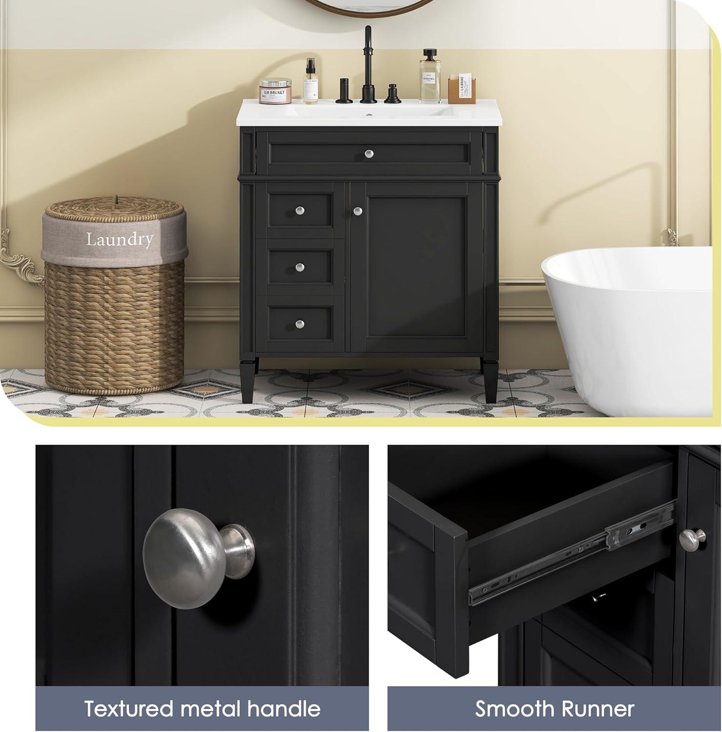 HLILish 30'' Bathroom Vanity With Top Sink, Modern Bathroom Storage Cabinet With 2 Drawers And A Tip-Out Drawer, Single Sink Bathroom Vanity