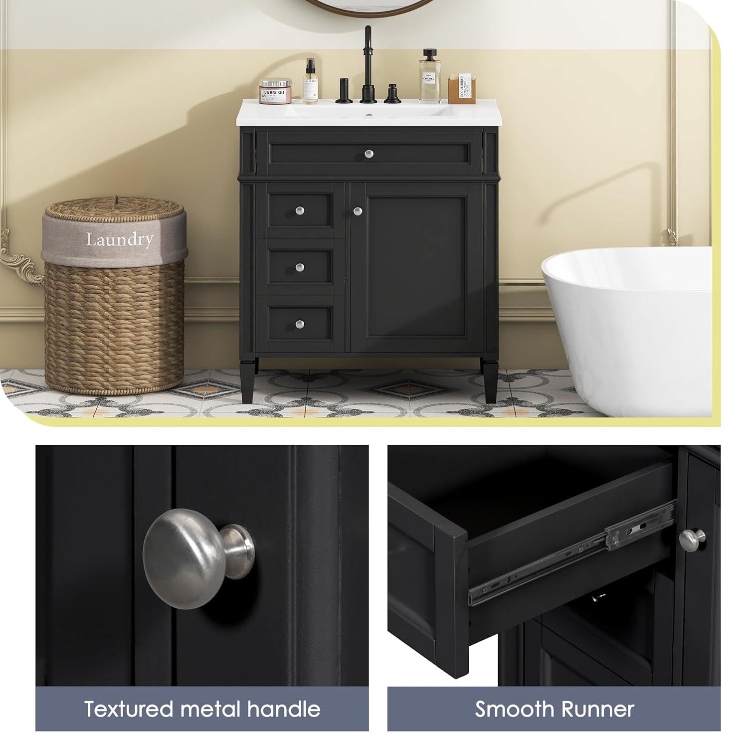 HLILish 30'' Bathroom Vanity With Top Sink, Modern Bathroom Storage Cabinet With 2 Drawers And A Tip-Out Drawer, Single Sink Bathroom Vanity
