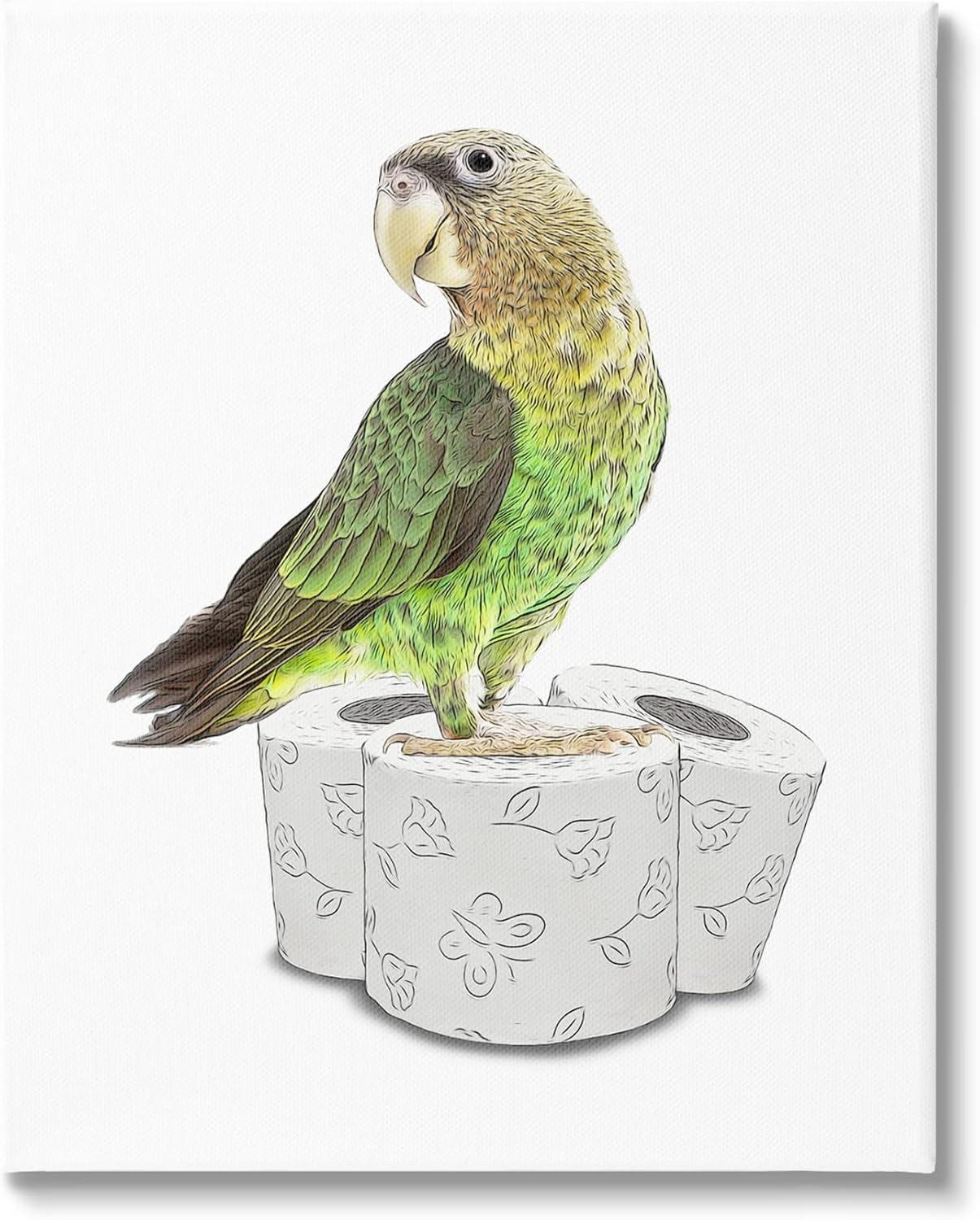 Stupell Industries Parrot Perched Toilet Paper Rolls Animals & Insects Painting Gallery Wrapped Canvas Print Wall Art