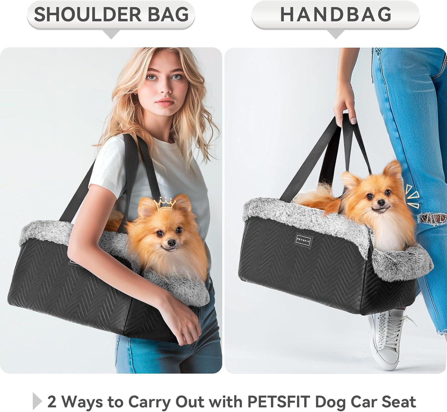 PETSFIT Small Dog Car Seat, Portable Dog Seat for Car with Safe Protective Hooks, Luxury Dog Console Car Seat,Up to 12 lbs,Grey