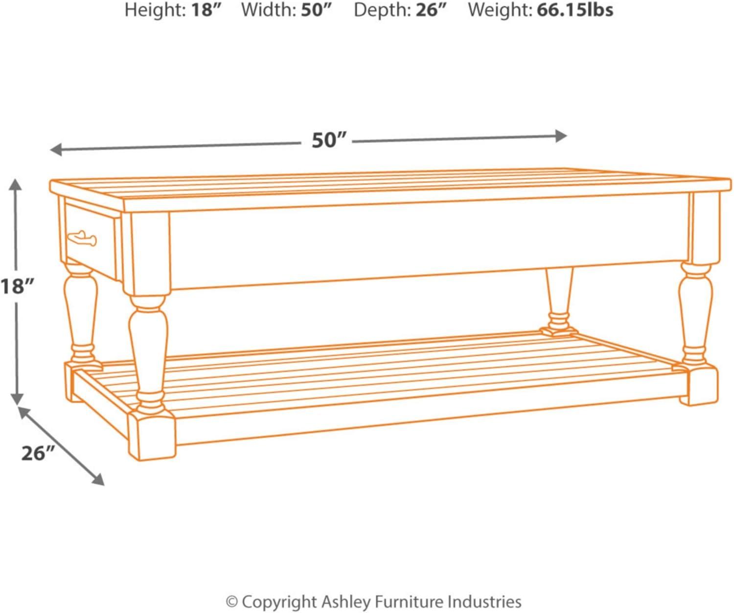 Shawnalore Rectangular Cocktail Table White Wash - Signature Design by Ashley: Solid Pine, Farmhouse Style, Storage Shelf