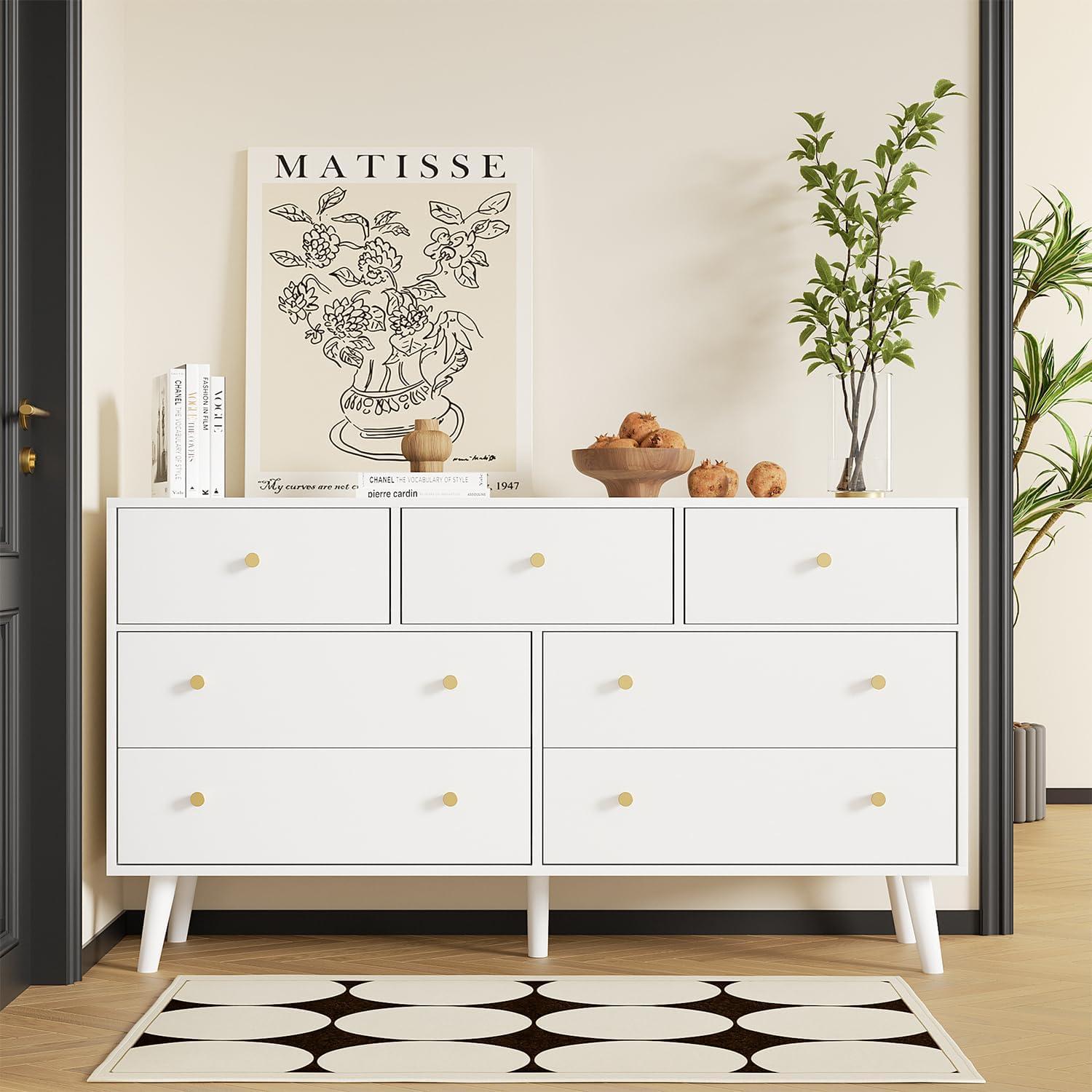 White Modern Wood Dresser with 7 Drawers and Metal Handles