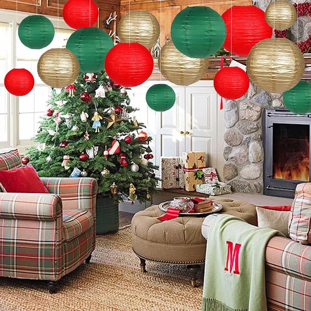 Festive Red Green Gold Round Paper Lantern Set, 15 Pieces