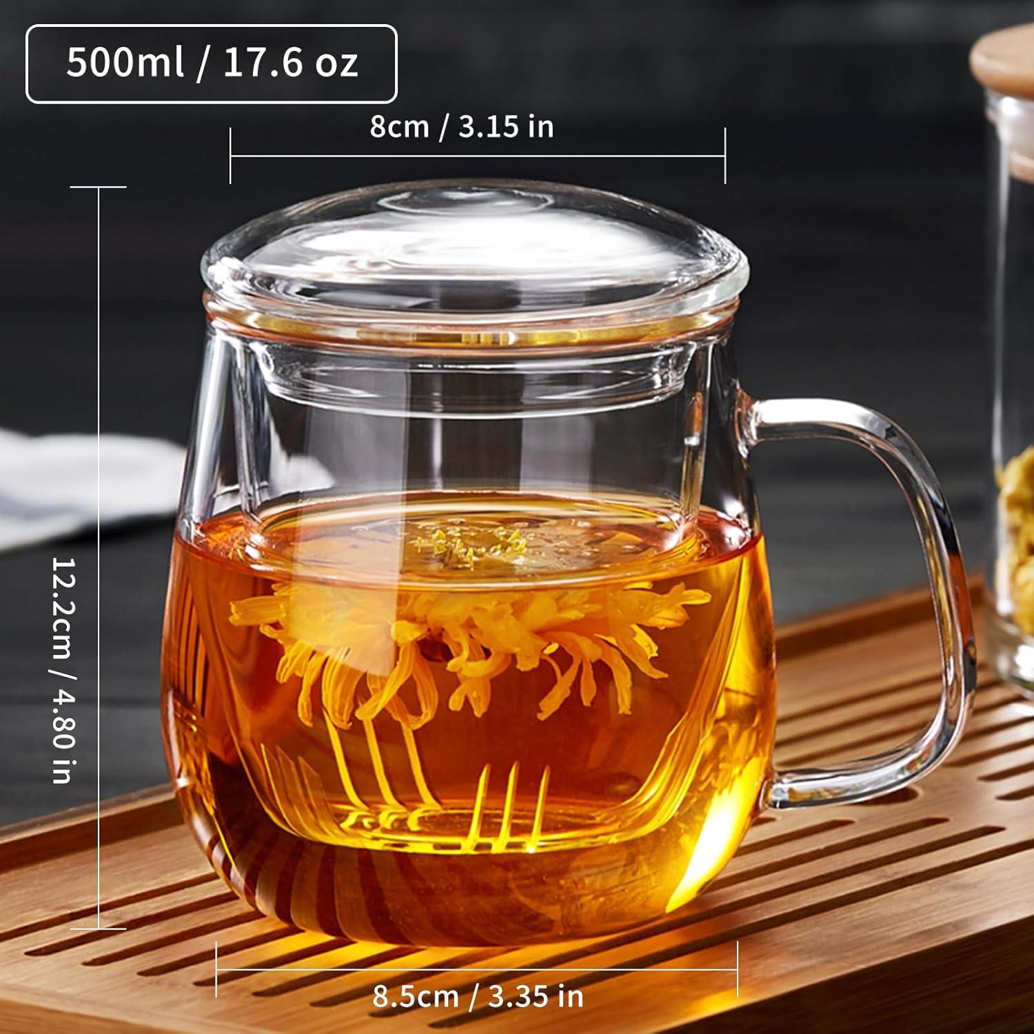 Large Clear Borosilicate Glass Tea Cup with Infuser and Lid, 17.6oz - For Loose Leaf Tea Enjoyment Teacup Mug