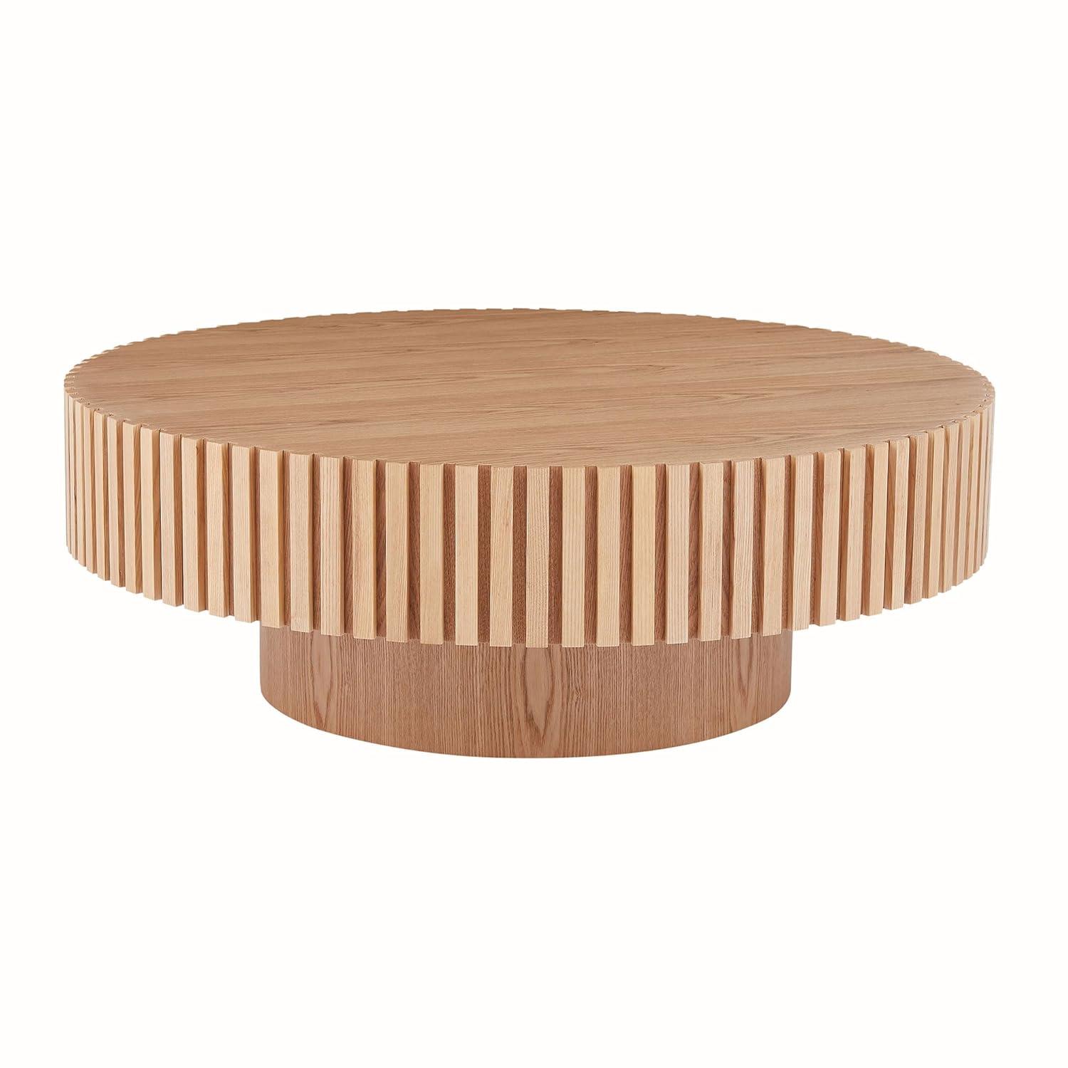 Round Coffee Table, 31.49" Modern Handcraft Relief Drum Circle Wood Table Side End Accent Center Table for Living Room, Small Space, Apartment, Natural Ash