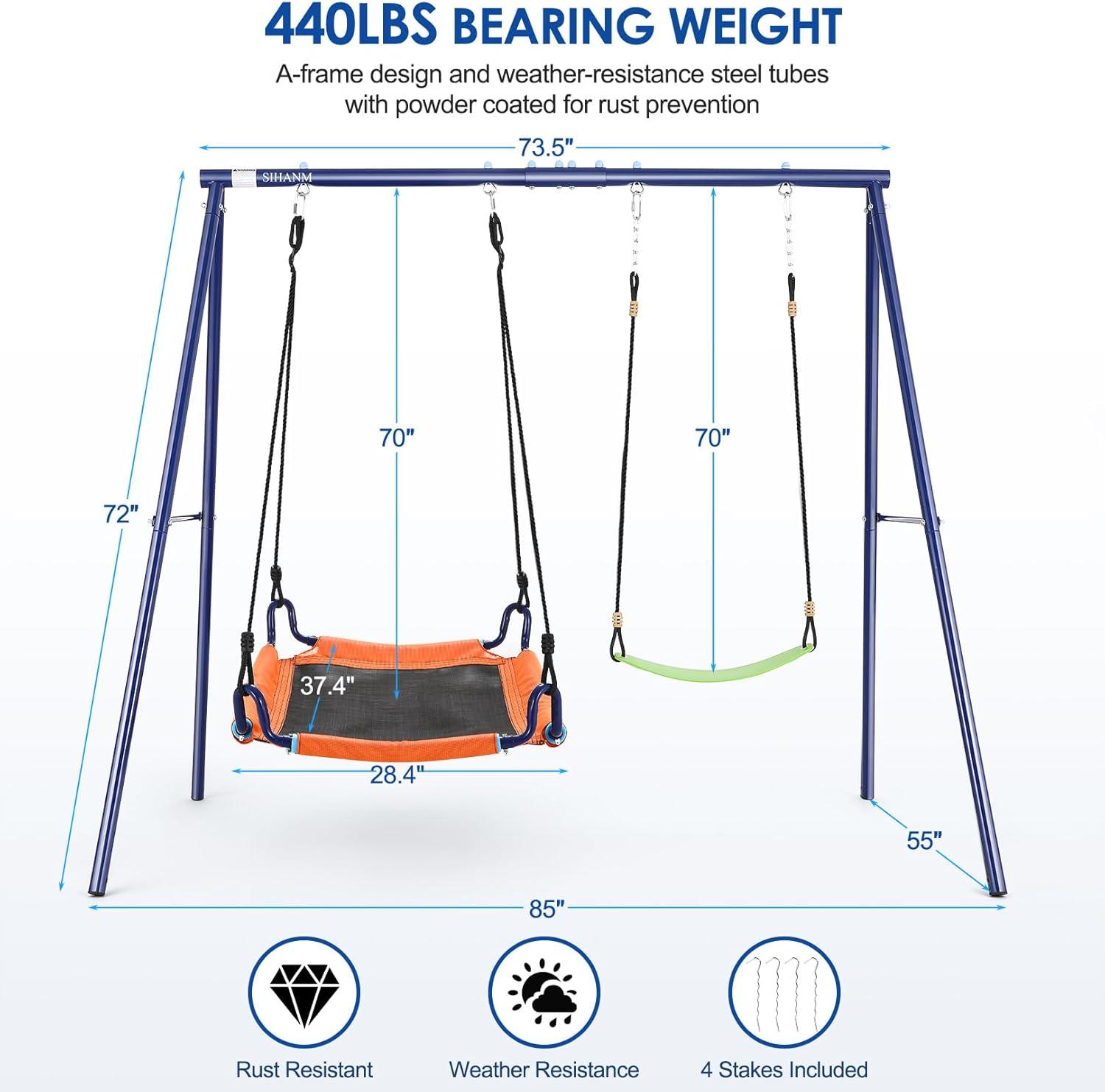 Metal Swing Sets for Backyard - 440 lbs Heavy Duty Swing Stand A-Frame Kids Outdoor Swing Adjustable Ropes Saucer Swing with Frame 2 Seats Playground Sets