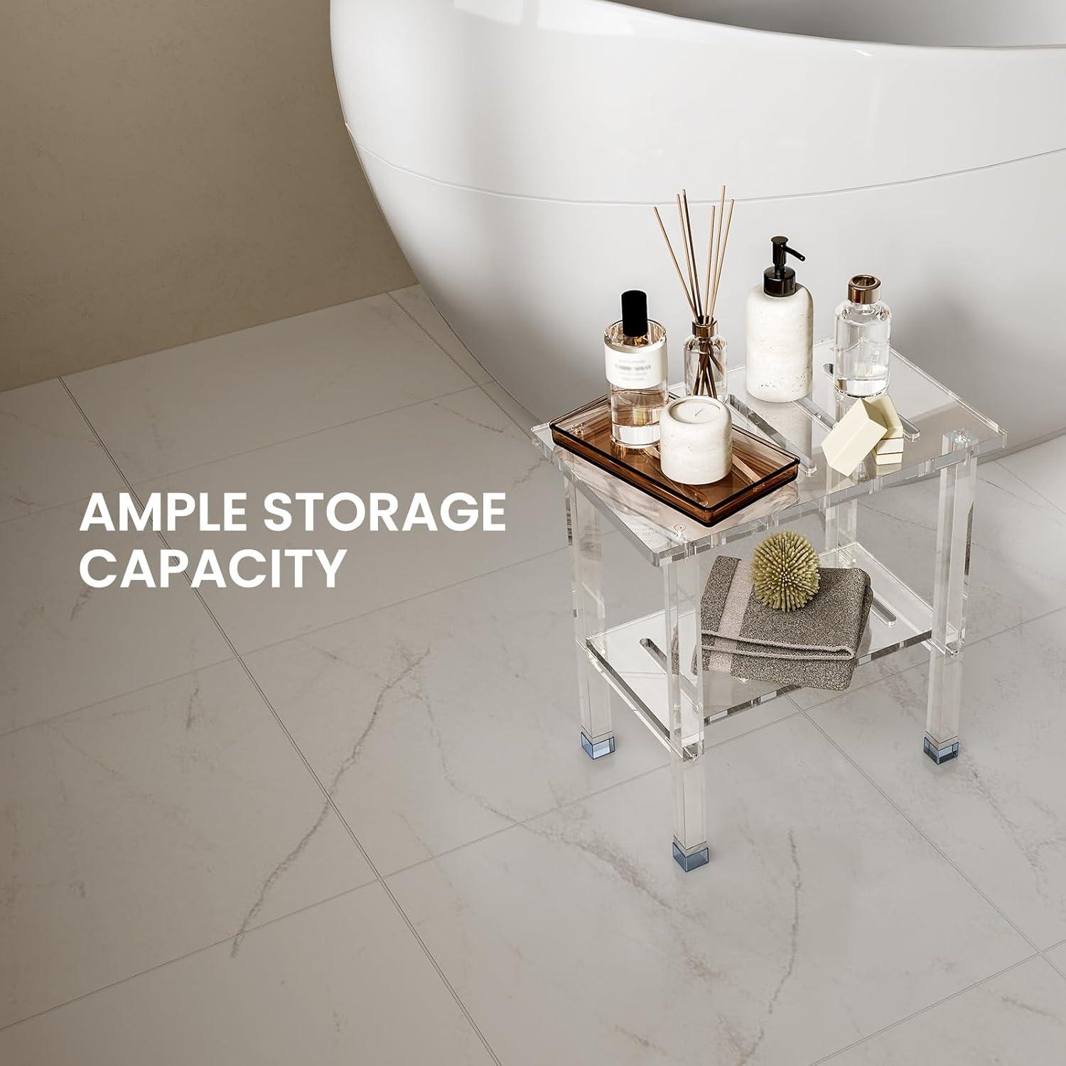 Ivy Bronx Acrylic Shower Bench For Inside Shower, Heavy Duty (Hold Up To 300Lbs) Bathroom Shower Stool With Storage Shelf, Clear