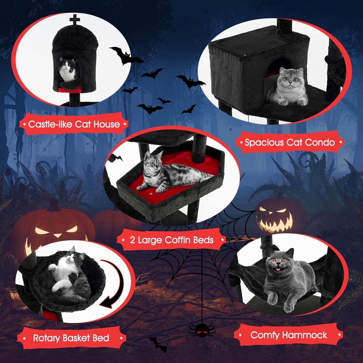 PETSITE 83 Inch Tall Gothic Cat Tree, Multi-Level Halloween Cat Tower with Coffin Beds, Scratching Posts, 2 Cat Condos, Dangling Balls, Hammock, and Basket Bed, Goth Cat Tree for Indoor Cats, Black