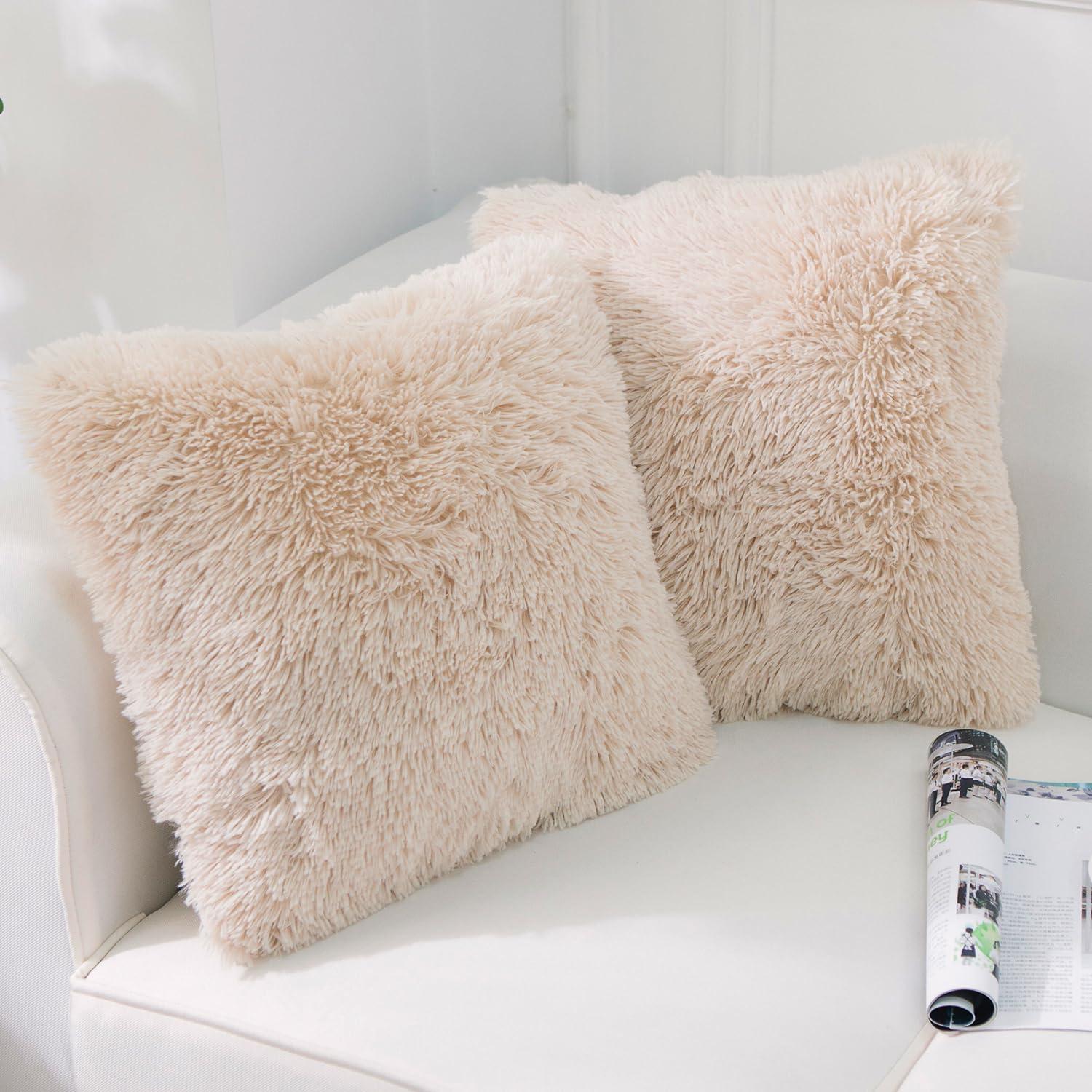 Beige Faux Fur 18" x 18" Pillow Covers, Set of 2