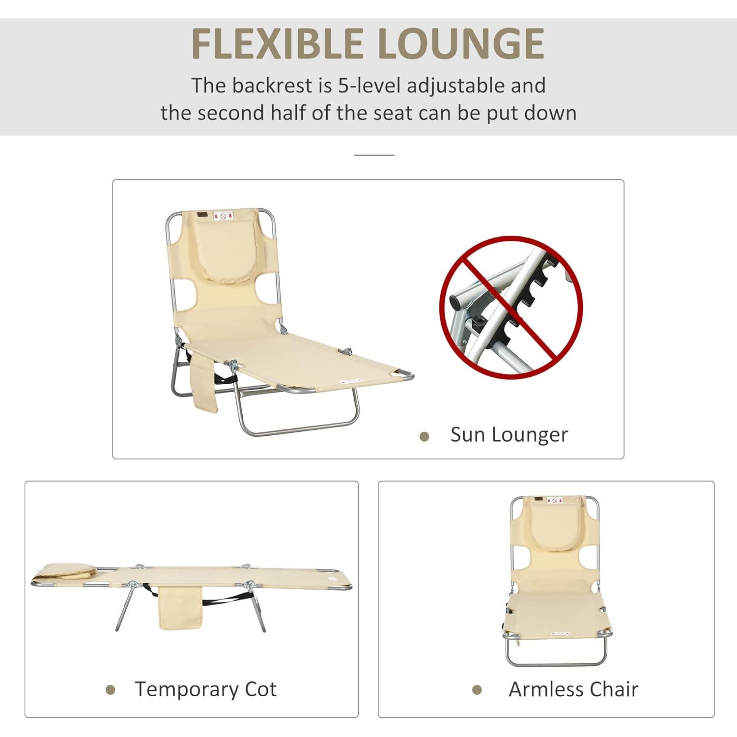 Outsunny Folding Beach Lounge Chair with Face Hole and Arm Slots, 5-Level Adjustable Sun Lounger Tanning Chair with Pillow for Patio, Garden, Beach, Pool, Beige