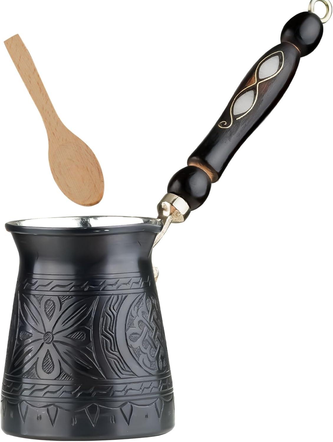 12 Oz Black Copper Turkish Coffee Pot with Wooden Handle and Spoon