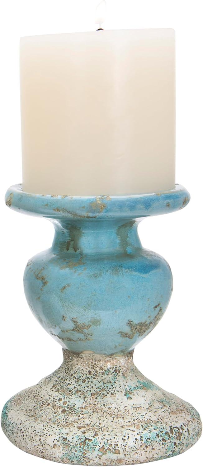 Distressed Blue Glazed Ceramic Candle Holder 5.5"x6.75"