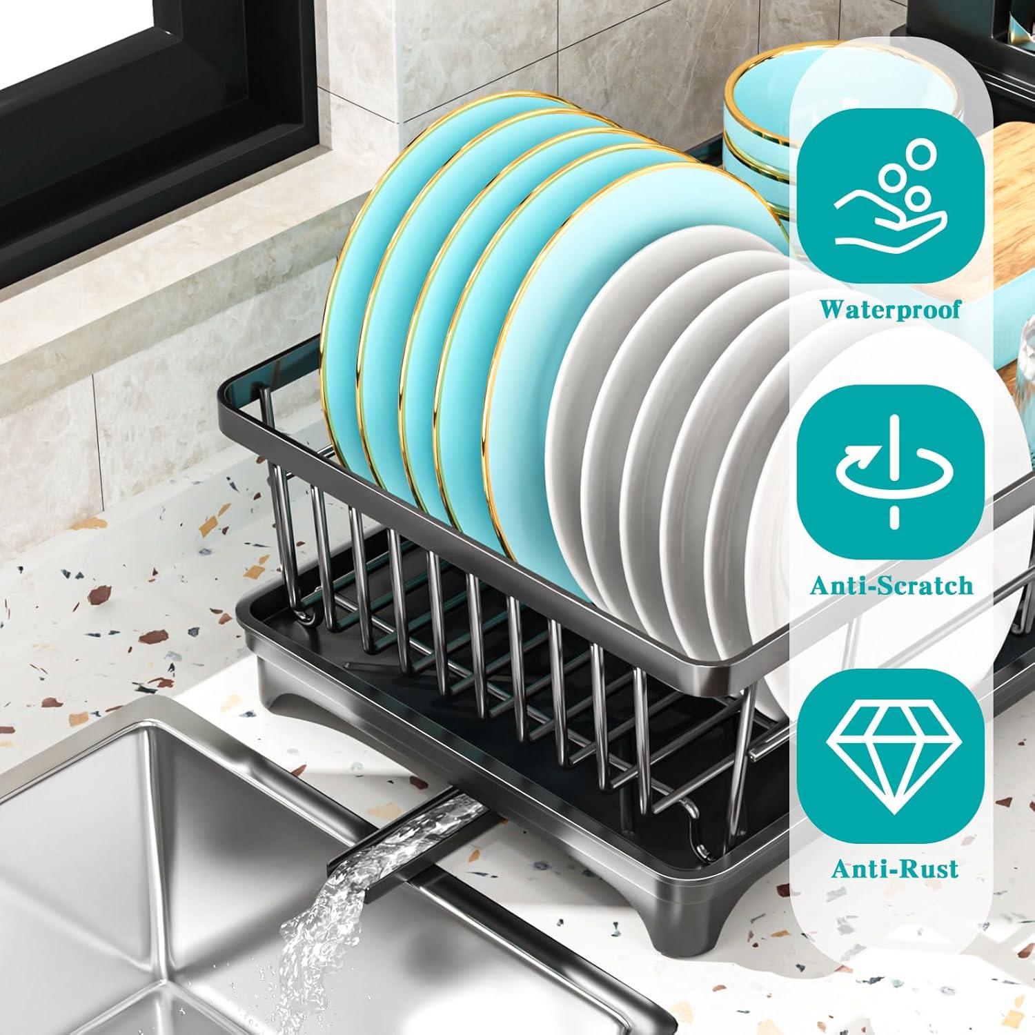iSPECLE Dish Drying Rack with Drainboard - Dish Racks for Kitchen Counter, Rust-Resistant Compact Dish Drainer with Utensil Holder, Drain Spout and High Feet on Drip Tray, Black