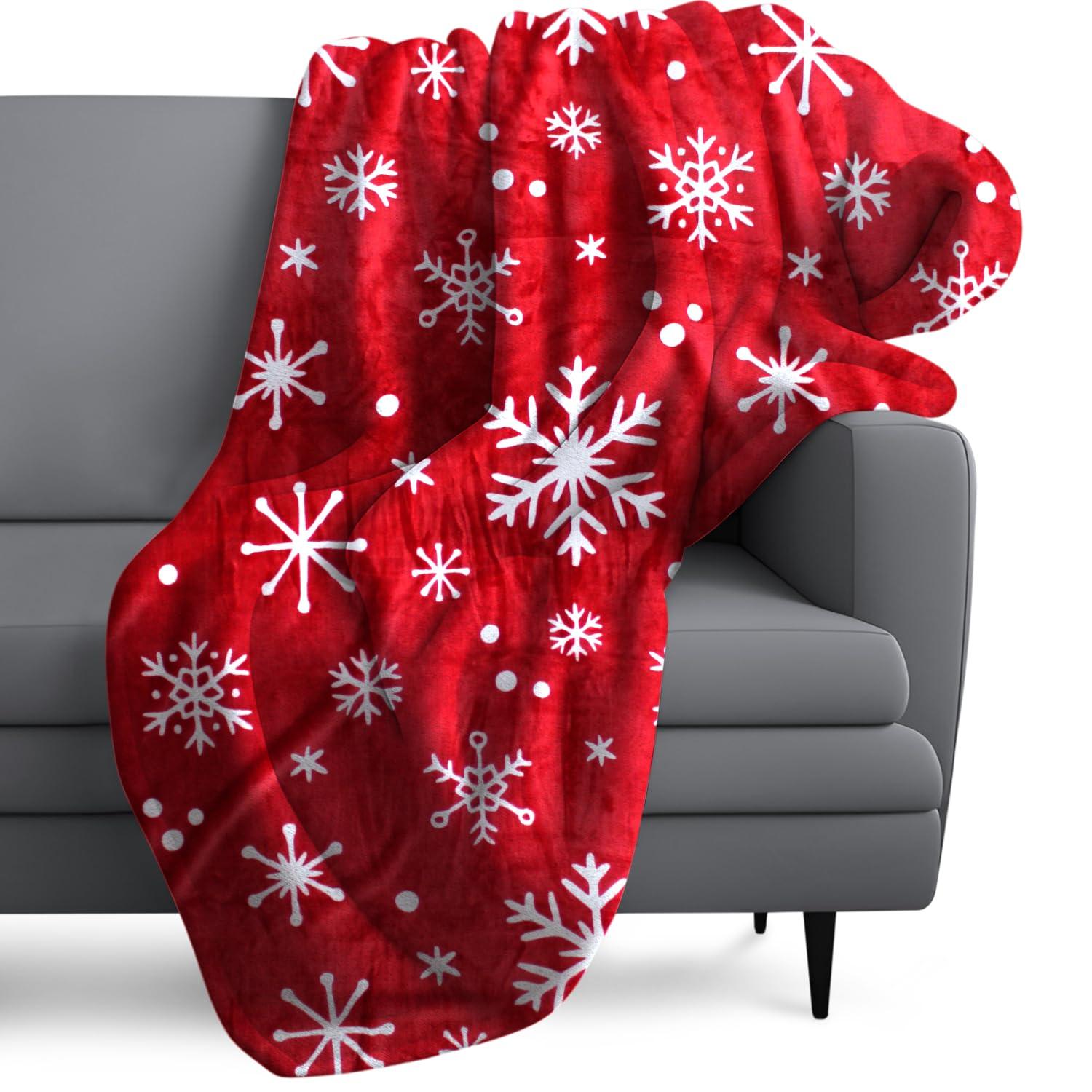 PAVILIA Holiday Festival Christmas Throw Blanket for Couch Bed Sofa, 50x60 (Snowflake Red)