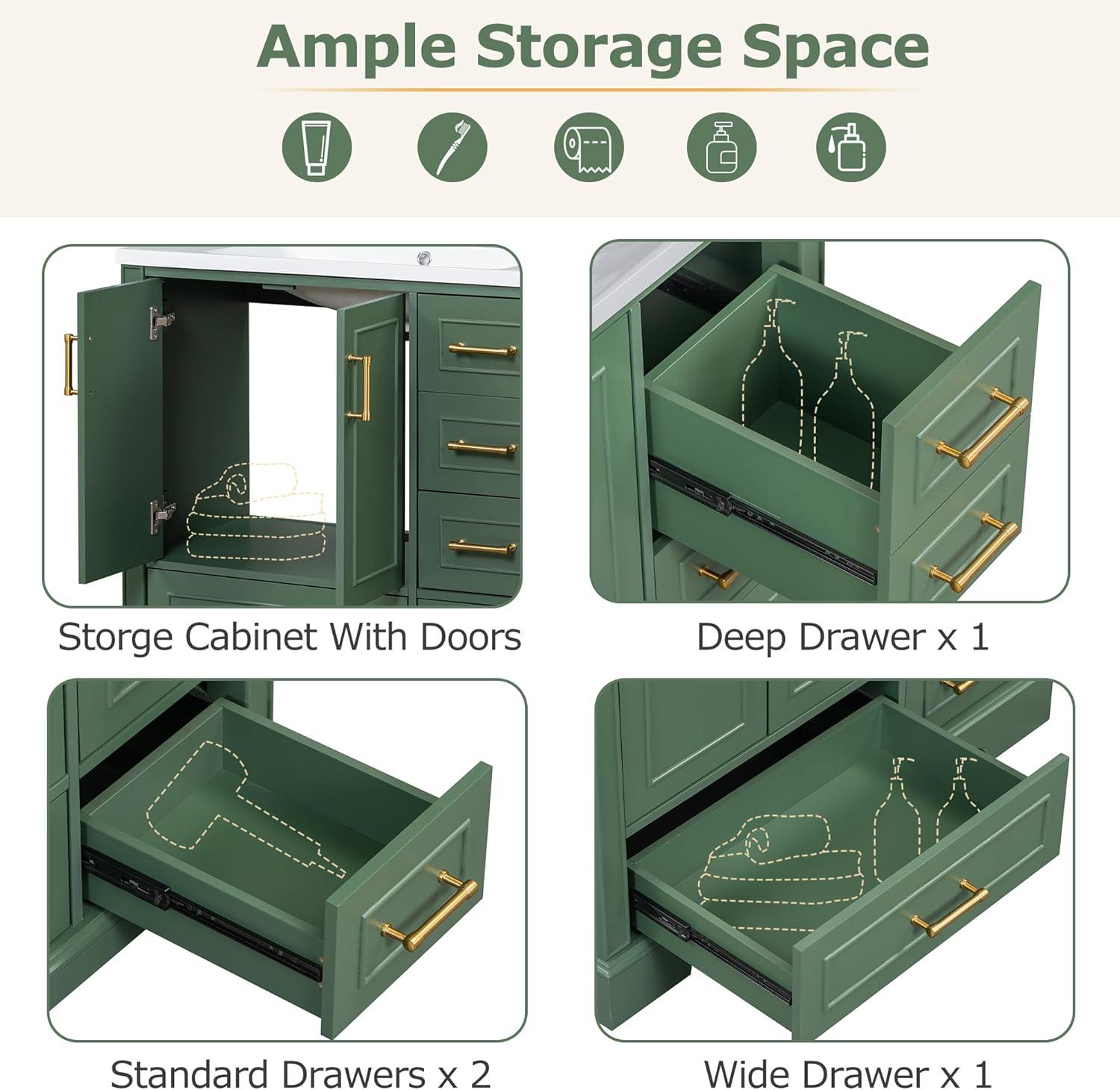 36-Inch Green Freestanding Bathroom Vanity with Resin Sink and Gold Handles