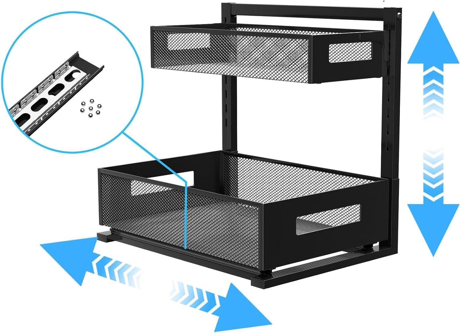 Black Adjustable Height 2-Tier Under Sink Organizer with Sliding Drawers