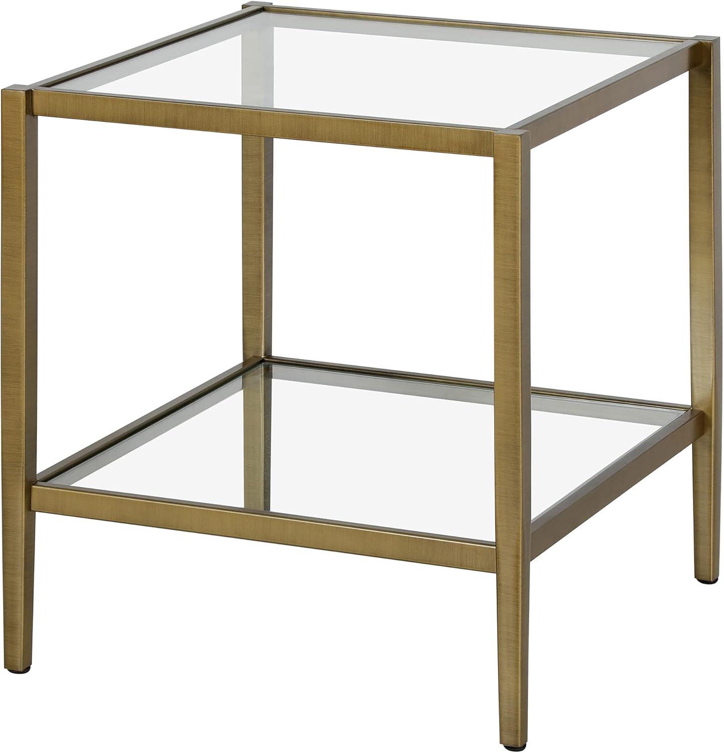 Evelyn&Zoe Hera 20" Wide Square Side Table with Glass Shelf, Antique Brass