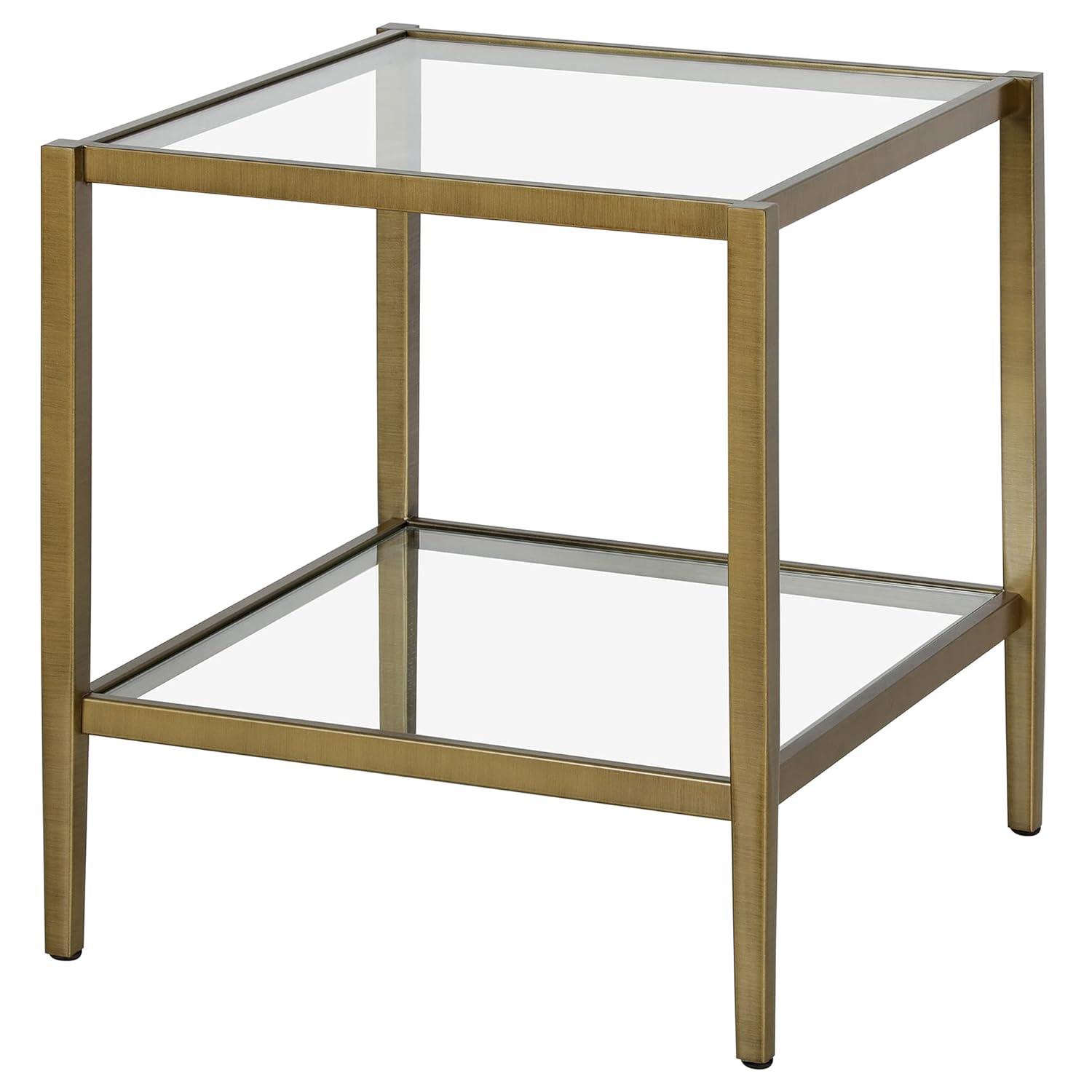 Evelyn&Zoe Hera 20" Wide Square Side Table with Glass Shelf, Antique Brass